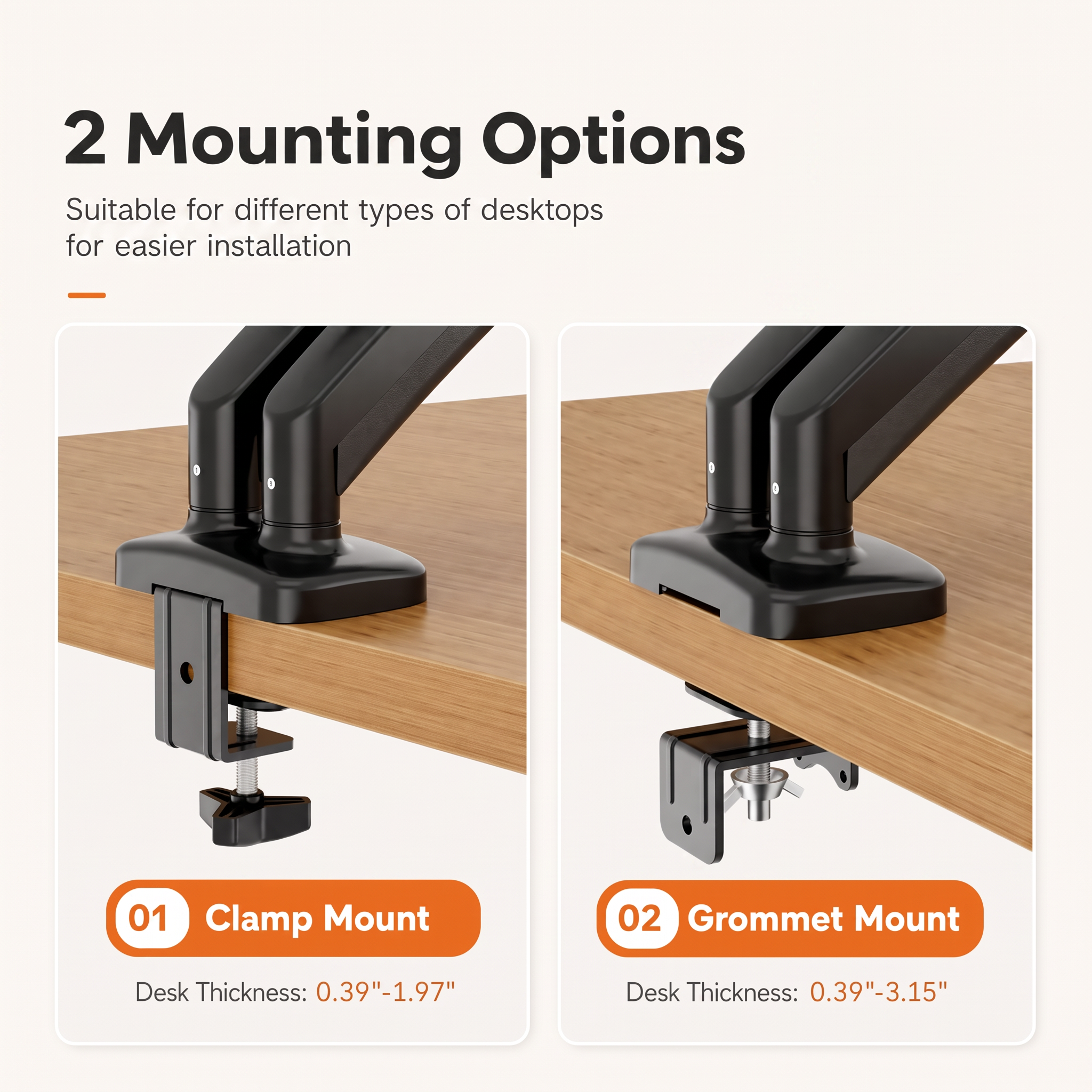 Adjustable Gas Spring Single Monitor Arm for 15–32 Inch Screens, Clamp & Grommet Mount