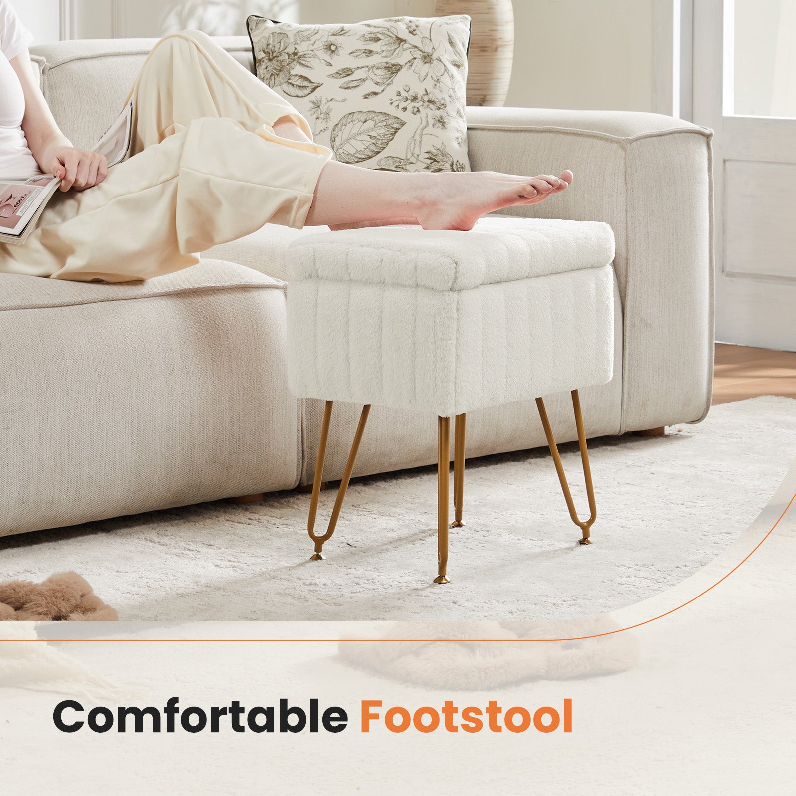 WareBay Vanity Stool with Hidden Storage & Faux Fur Cushion | Metal Legs