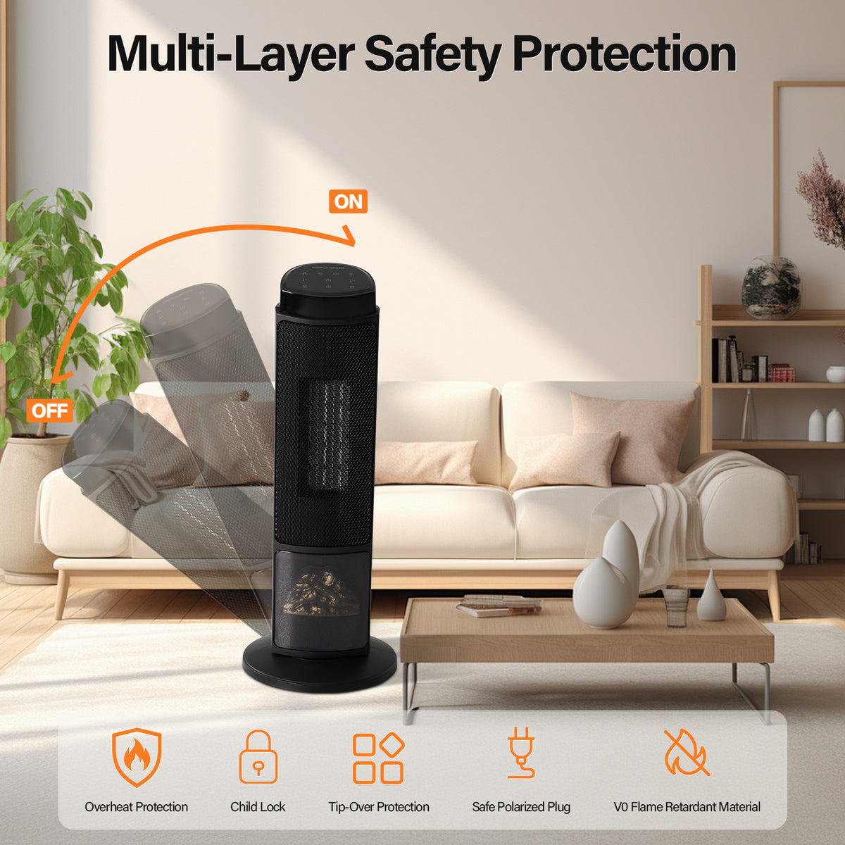 Space Heater for Indoor Use, 23-Inch Portable Electric Heater with 7-Color Light