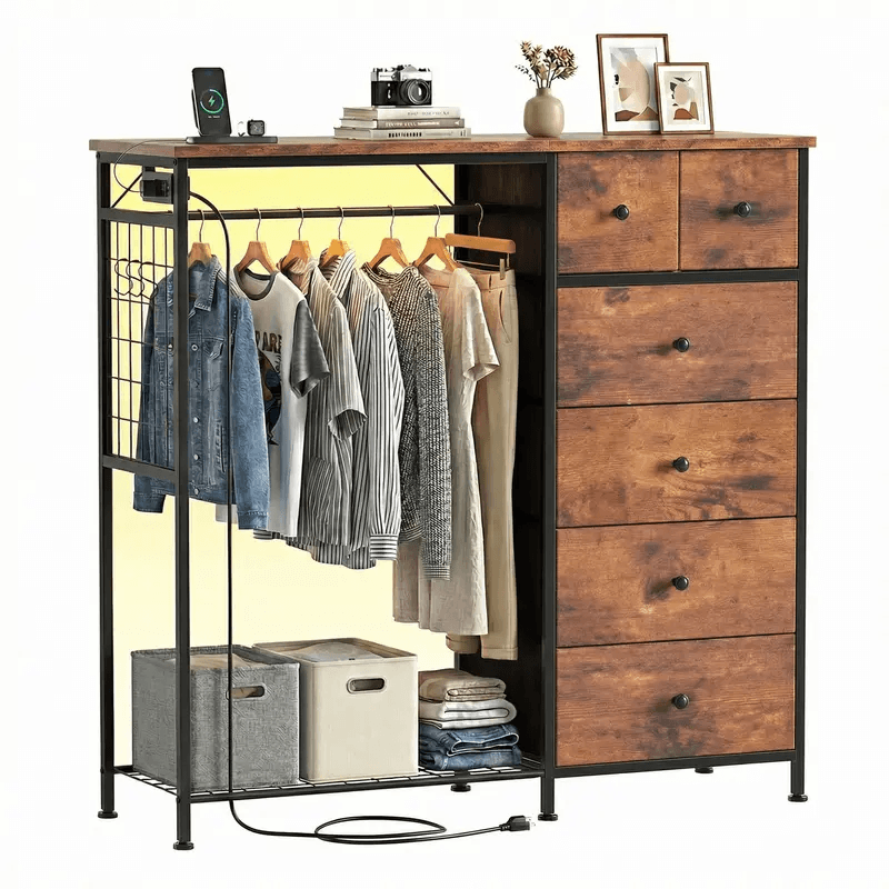 Warebay Fabric Storage Locker with Hanging Rack, LED Lights & Charging Station