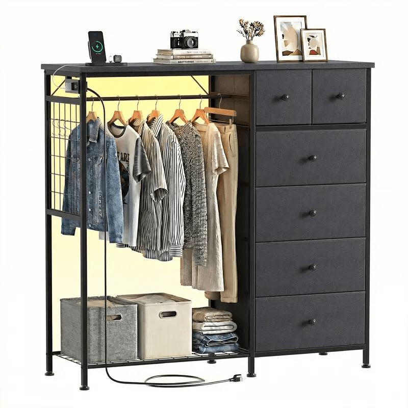 Warebay Fabric Storage Locker with Hanging Rack, LED Lights & Charging Station