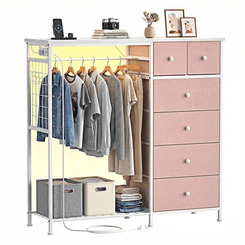 Warebay Fabric Storage Locker with Hanging Rack, LED Lights & Charging Station