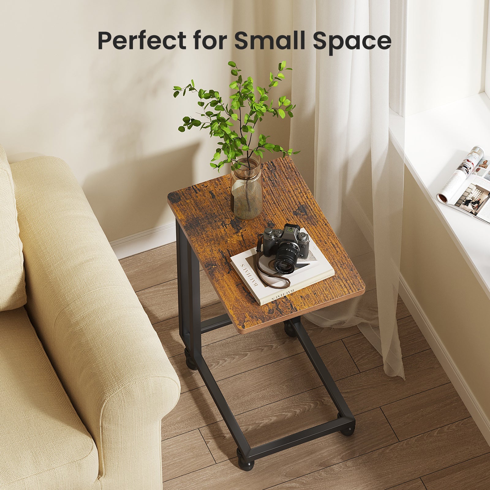 C-Shaped Steel Side Table with Casters