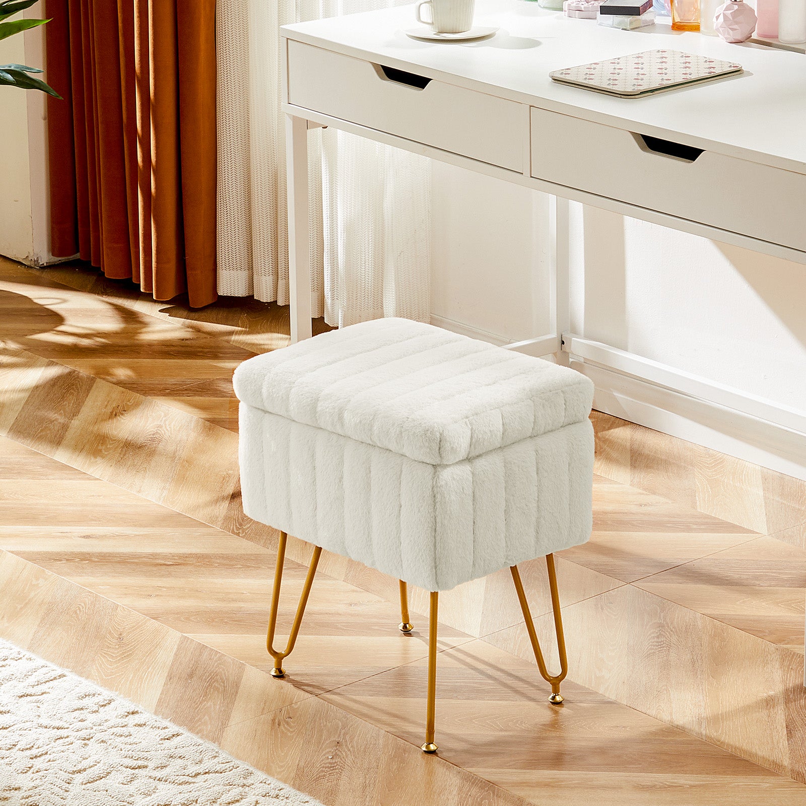 WareBay Vanity Stool with Hidden Storage & Faux Fur Cushion | Metal Legs
