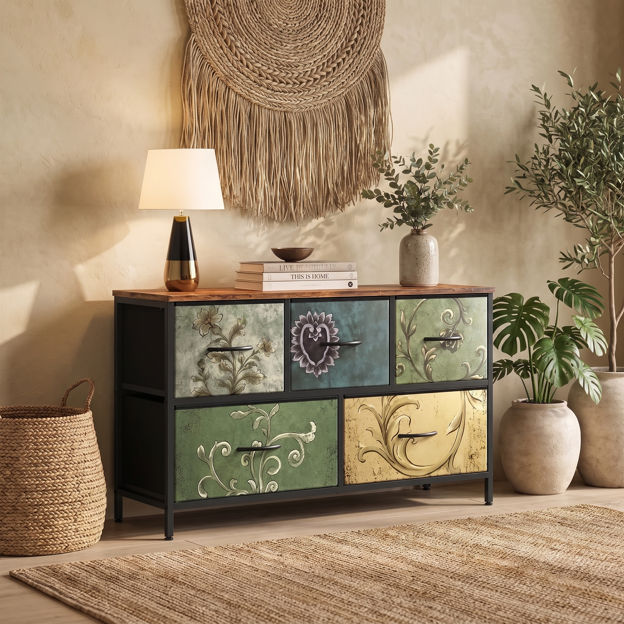 5 Drawer Fabric Dresser with Wood Top for Bedroom