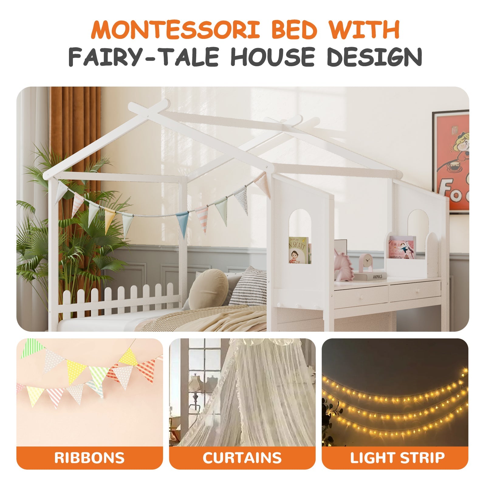 White Wooden House Bed Frame with Desk