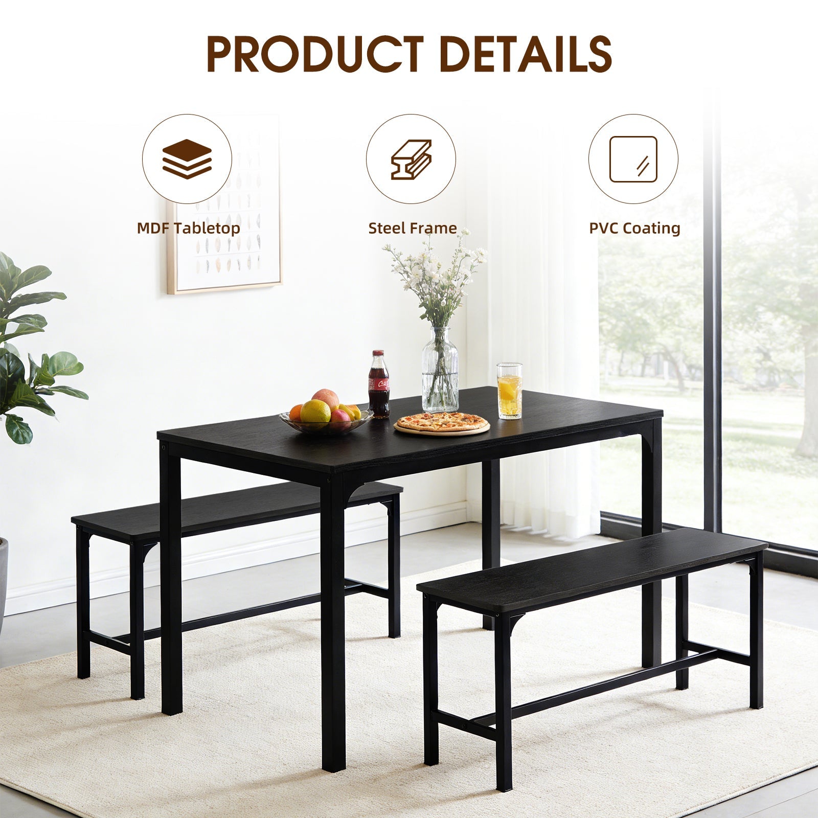 3/4-Piece Black Gray Dining Table Set