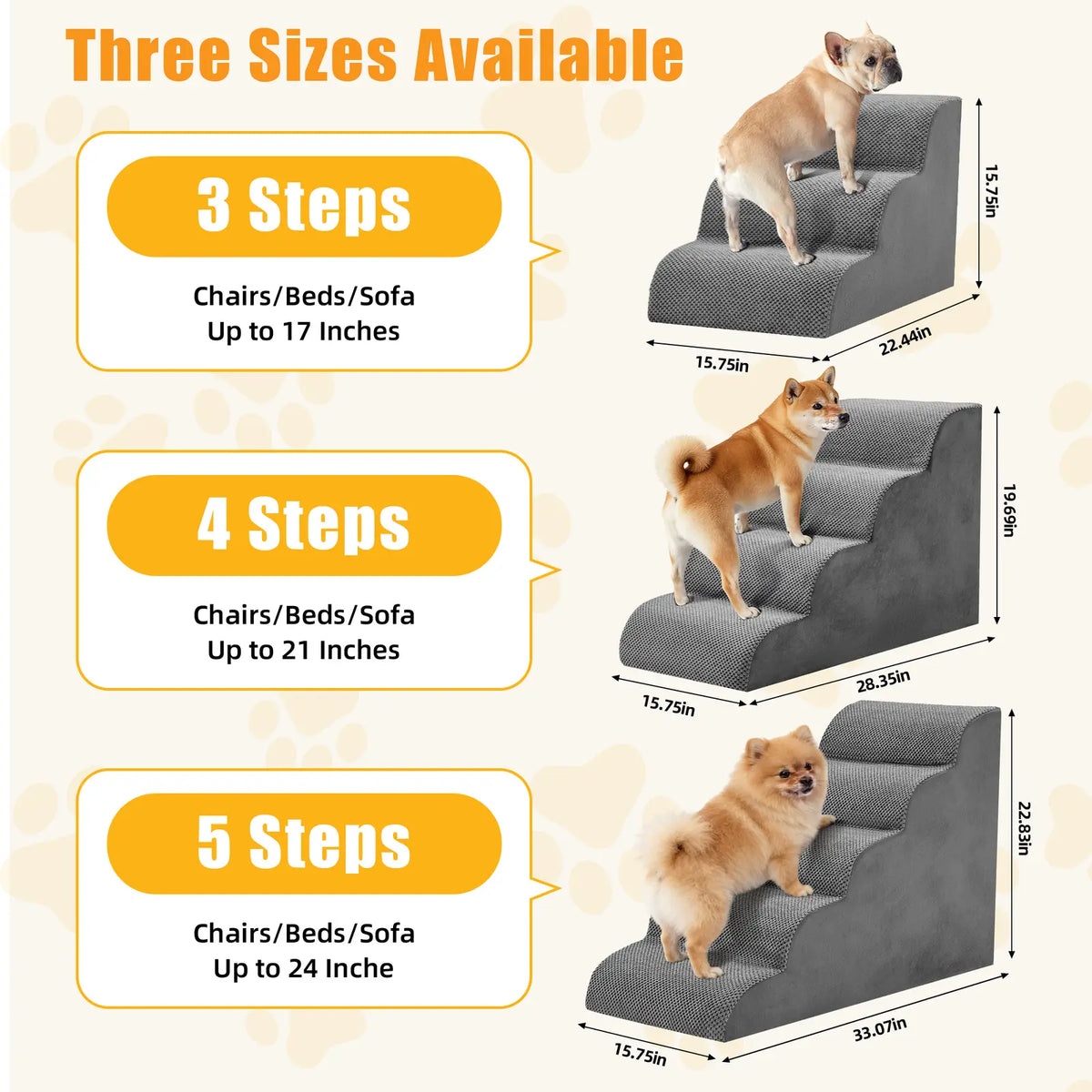 Pet Stairs for Dogs & Cats – Foam Dog Steps with Anti-Slip Base & Washable Cover, 3/4/5 Steps