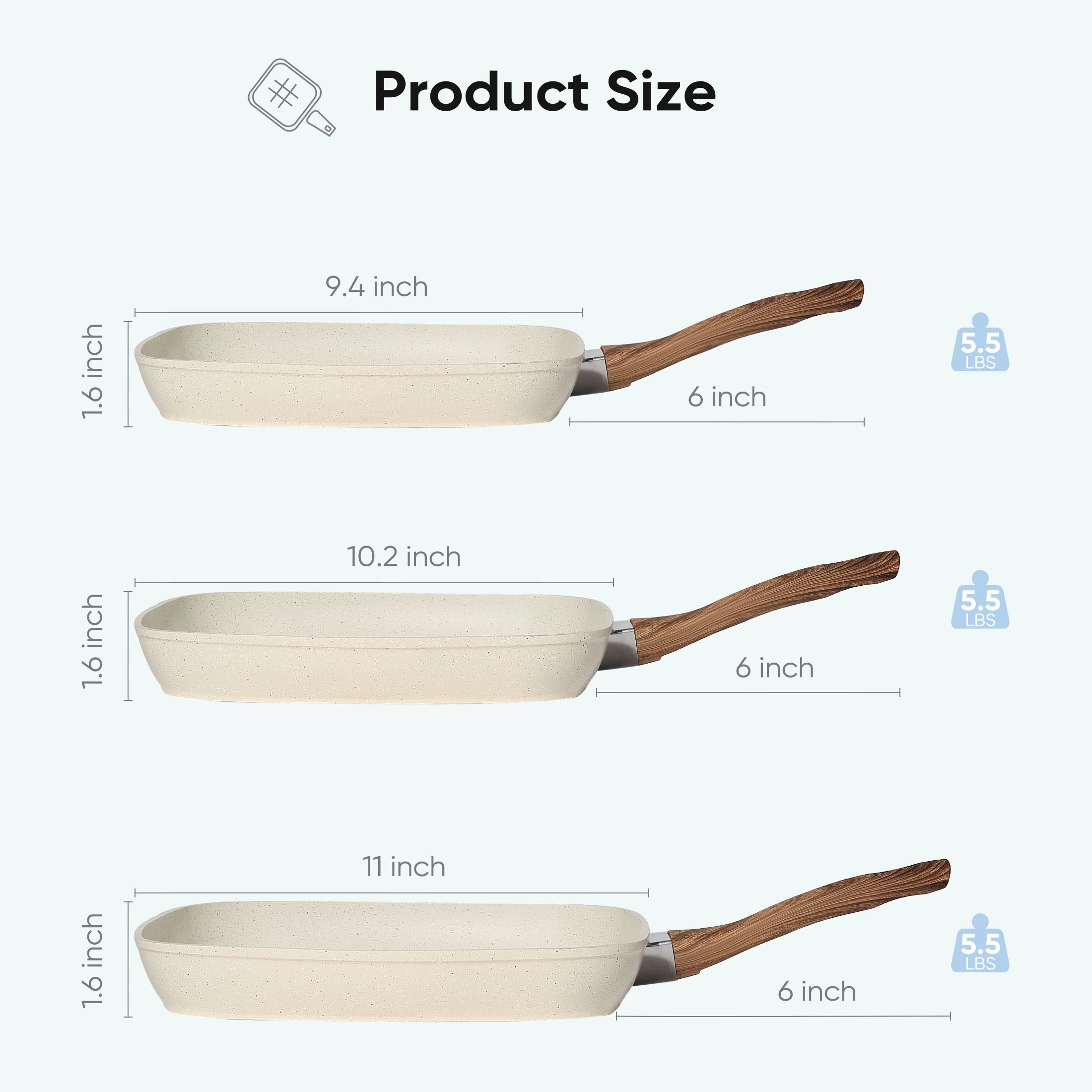 Square Nonstick Frying Pan Set Wooden Handle