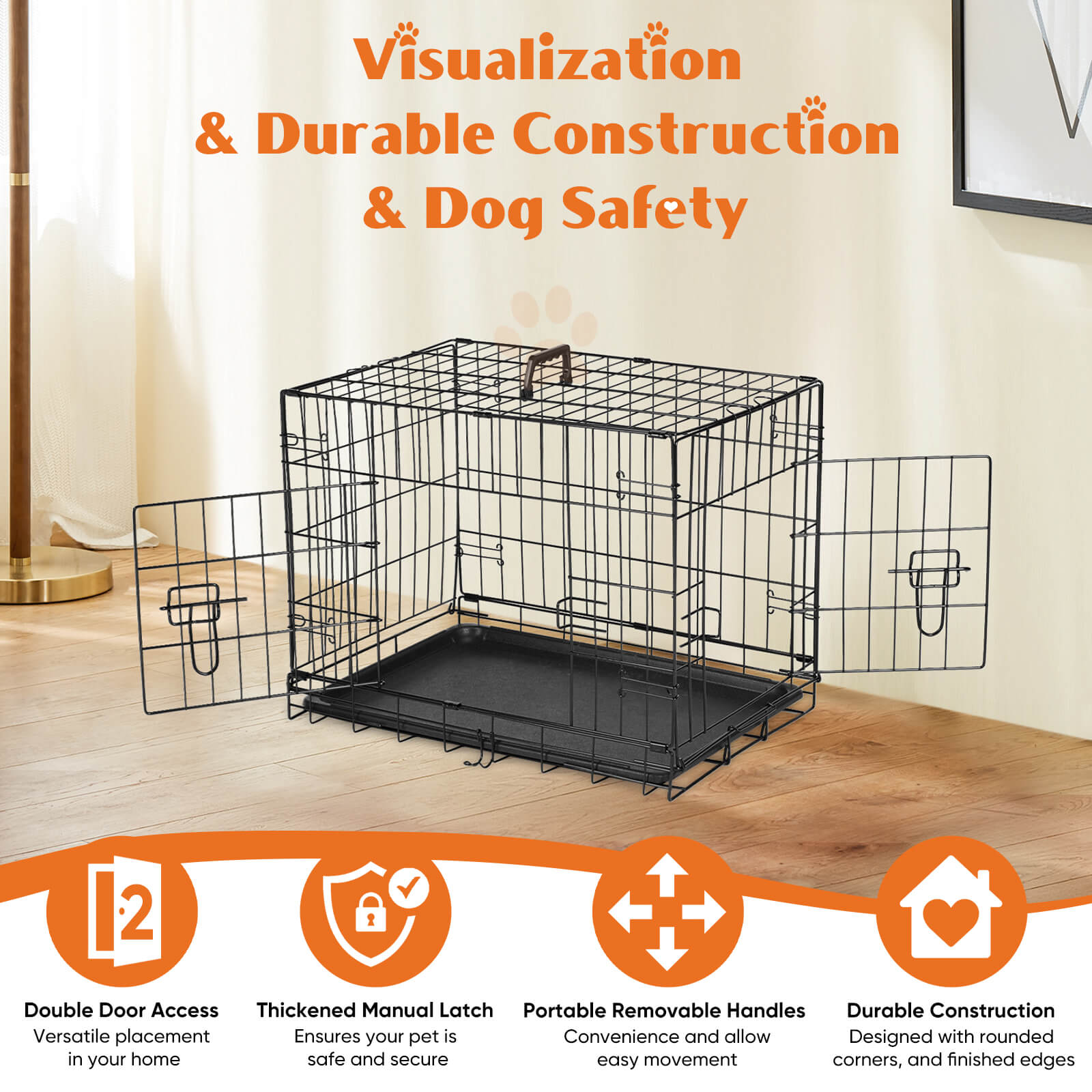 Foldable Double Door Dog Crate with Divider