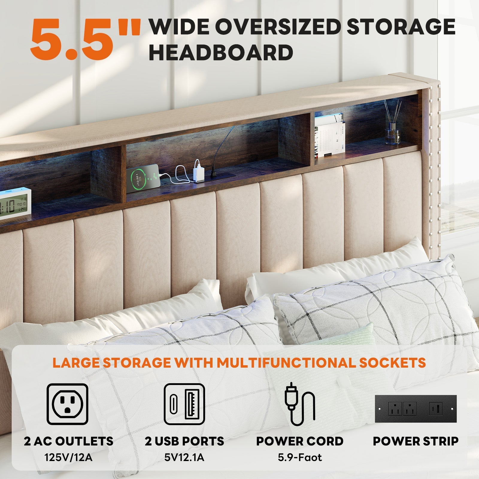 Upholstered Storage Bed Frame with Power Outlets