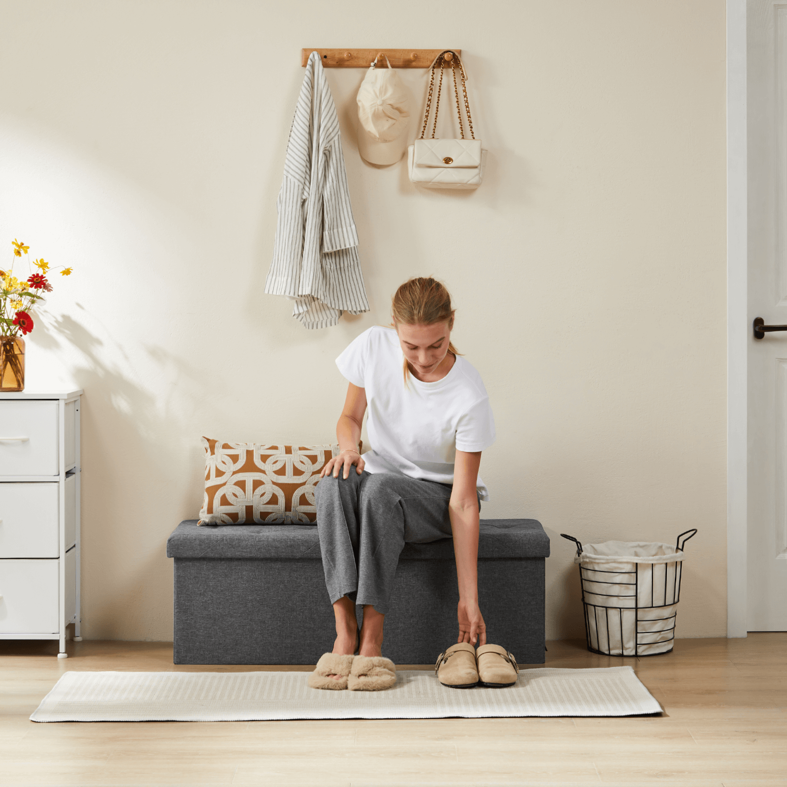 Foldable Linen Storage Ottoman Bench