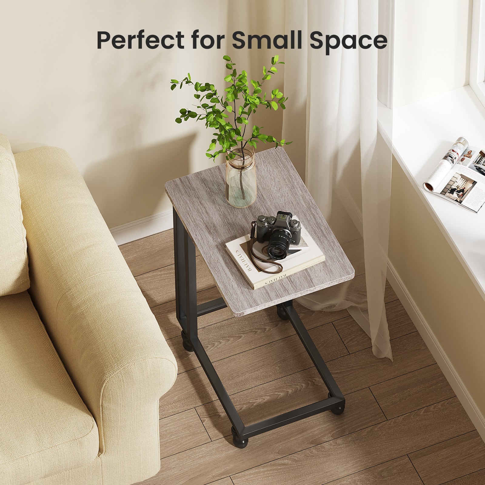 C-Shaped Steel Side Table with Casters