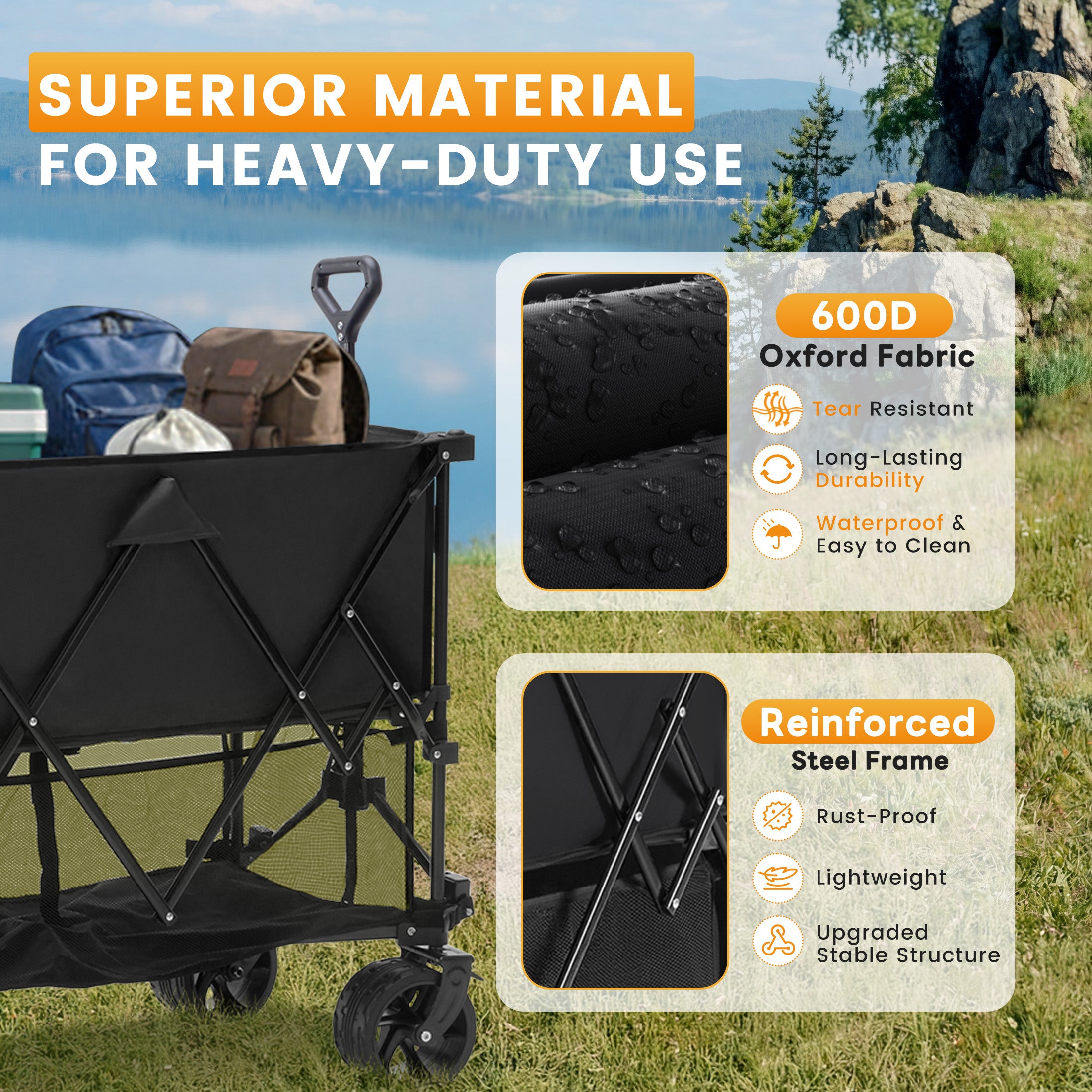 WareBay Double Decker Collapsible Wagon Cart – 440 lbs Capacity, 400L Storage & All-Terrain Wheels, Black