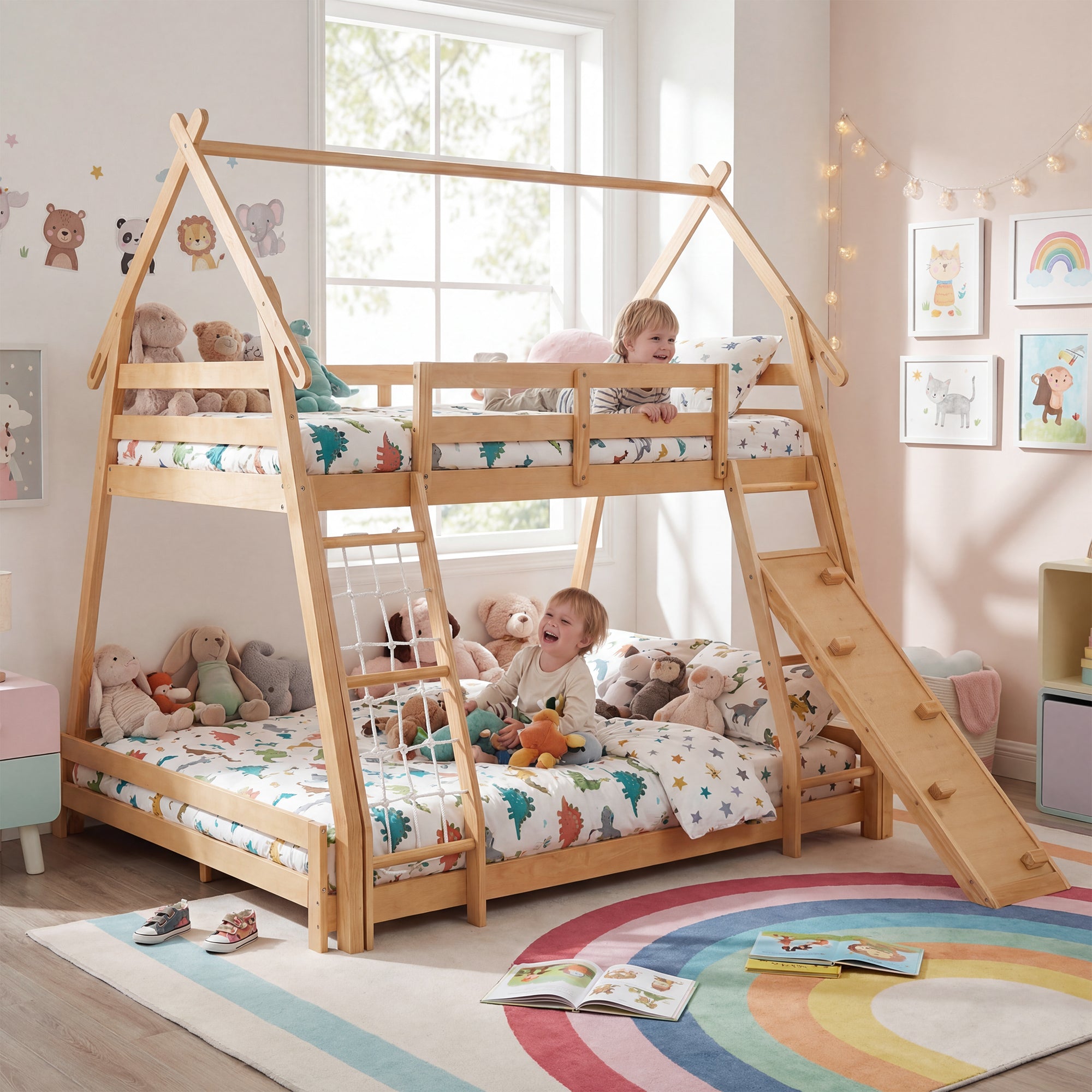 Twin Over Full Bunk Bed with Climbing Net & Slide