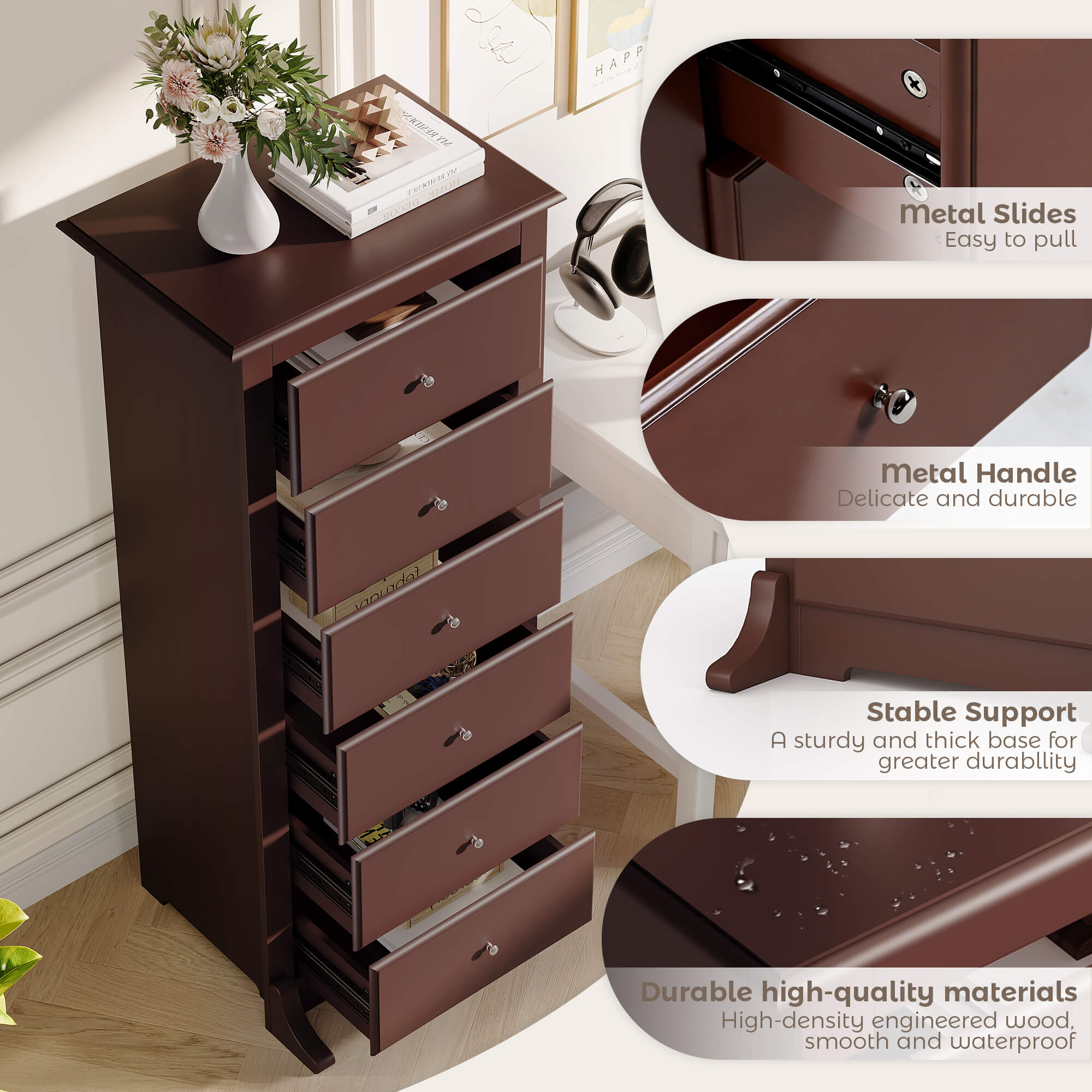 Tall 6-Drawer Wood-Grain Dresser