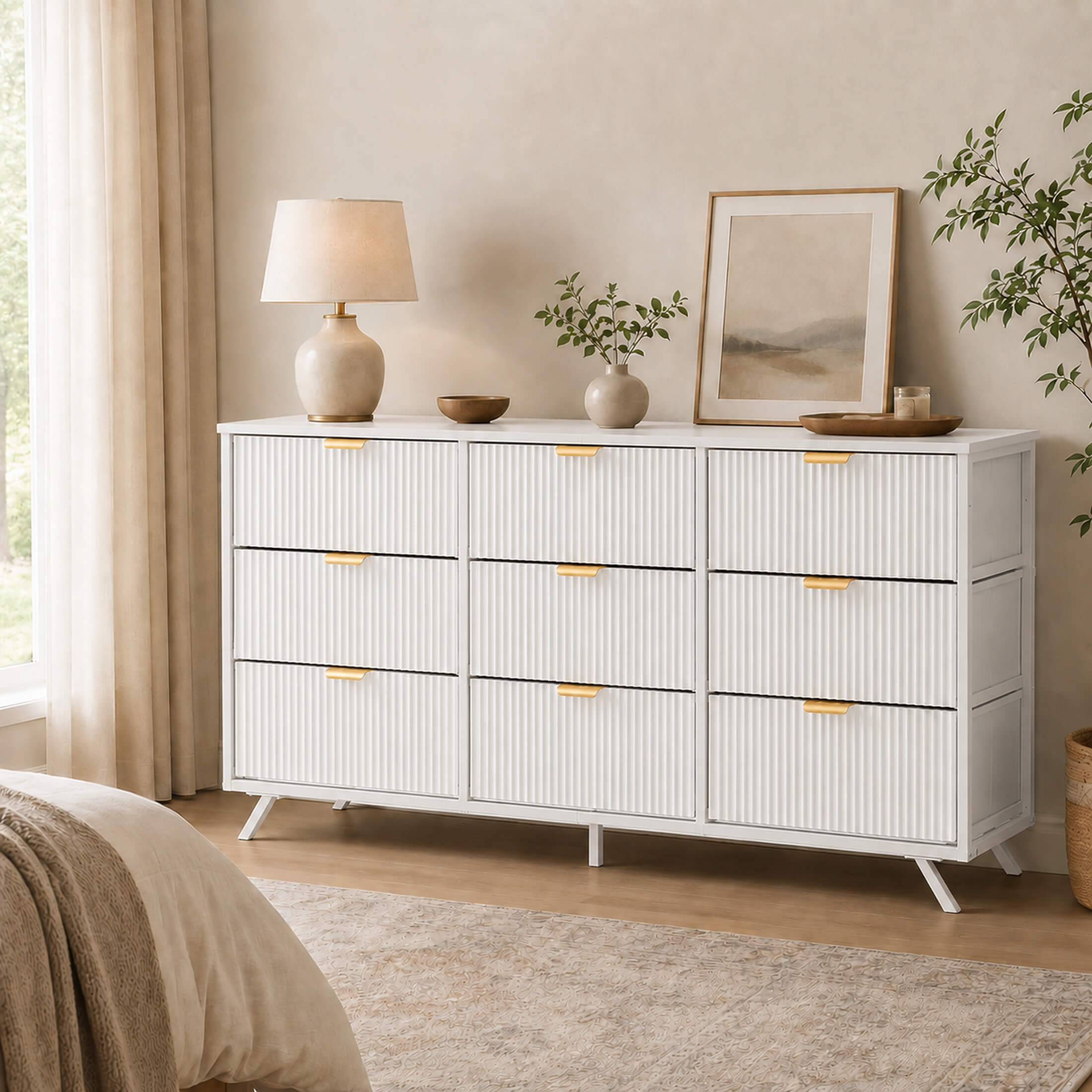 Warebay 9-Drawer Fluted Dresser for Bedroom, Wide Storage Chest of Drawers