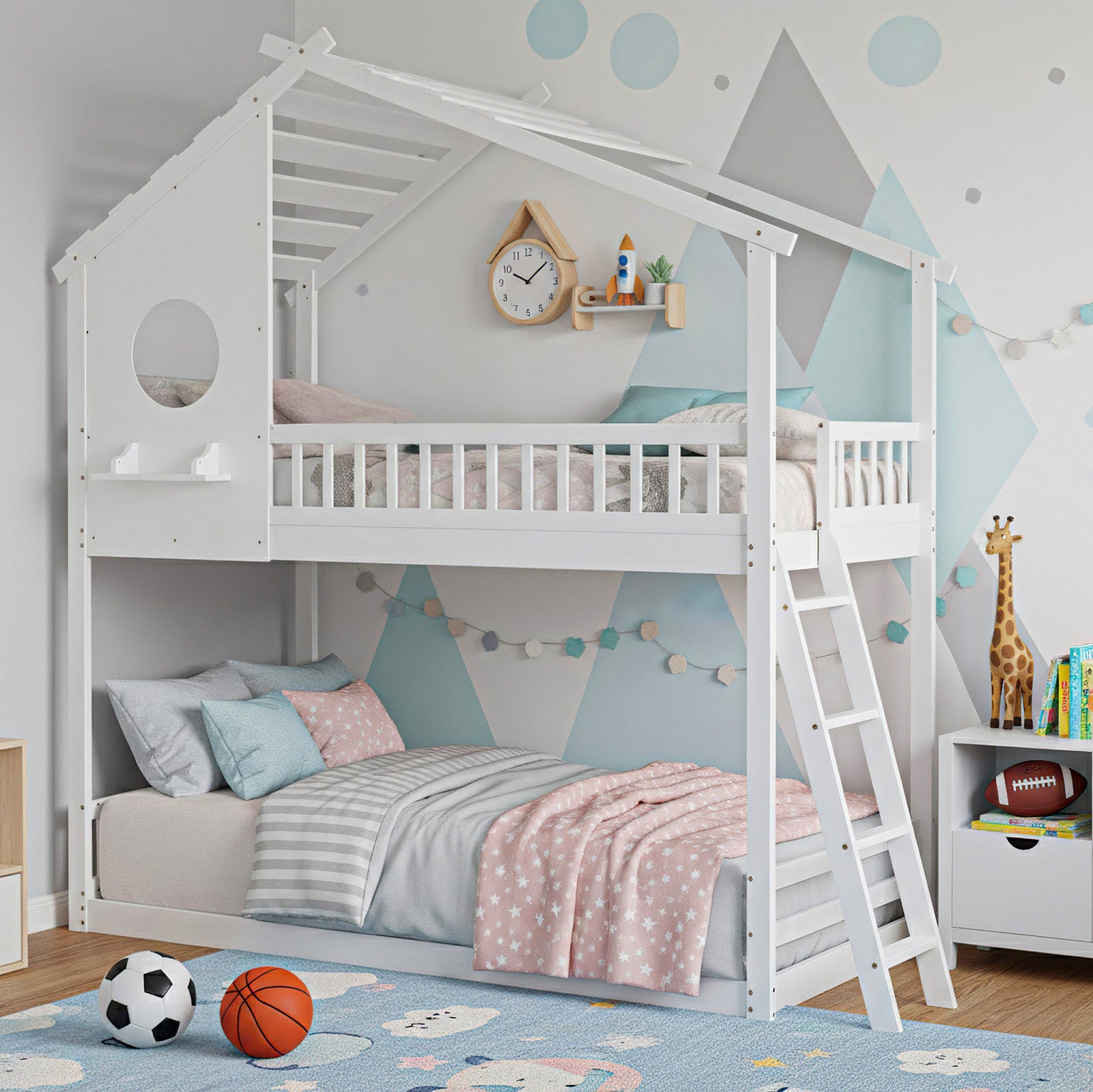 Low-Profile Twin House Bunk Bed with Side Ladder