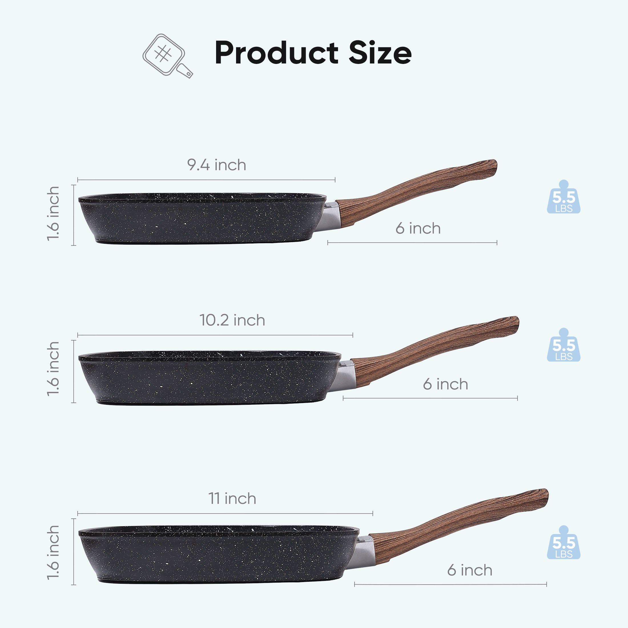 Square Nonstick Frying Pan Set Wooden Handle