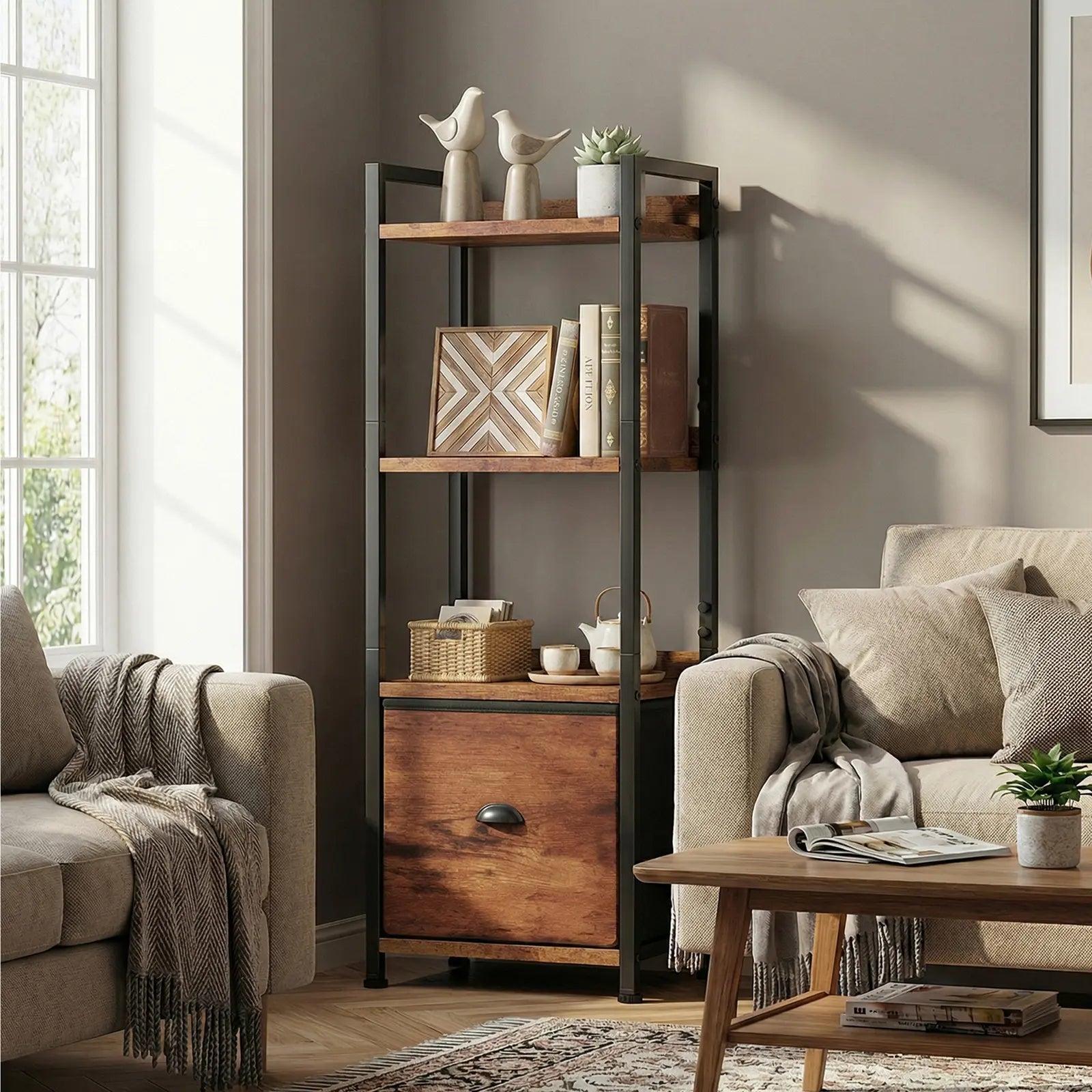 4 & 5-Tier Bookshelf with Fabric Drawer | Wood & Metal Bookcase for Living Room, Study & Office