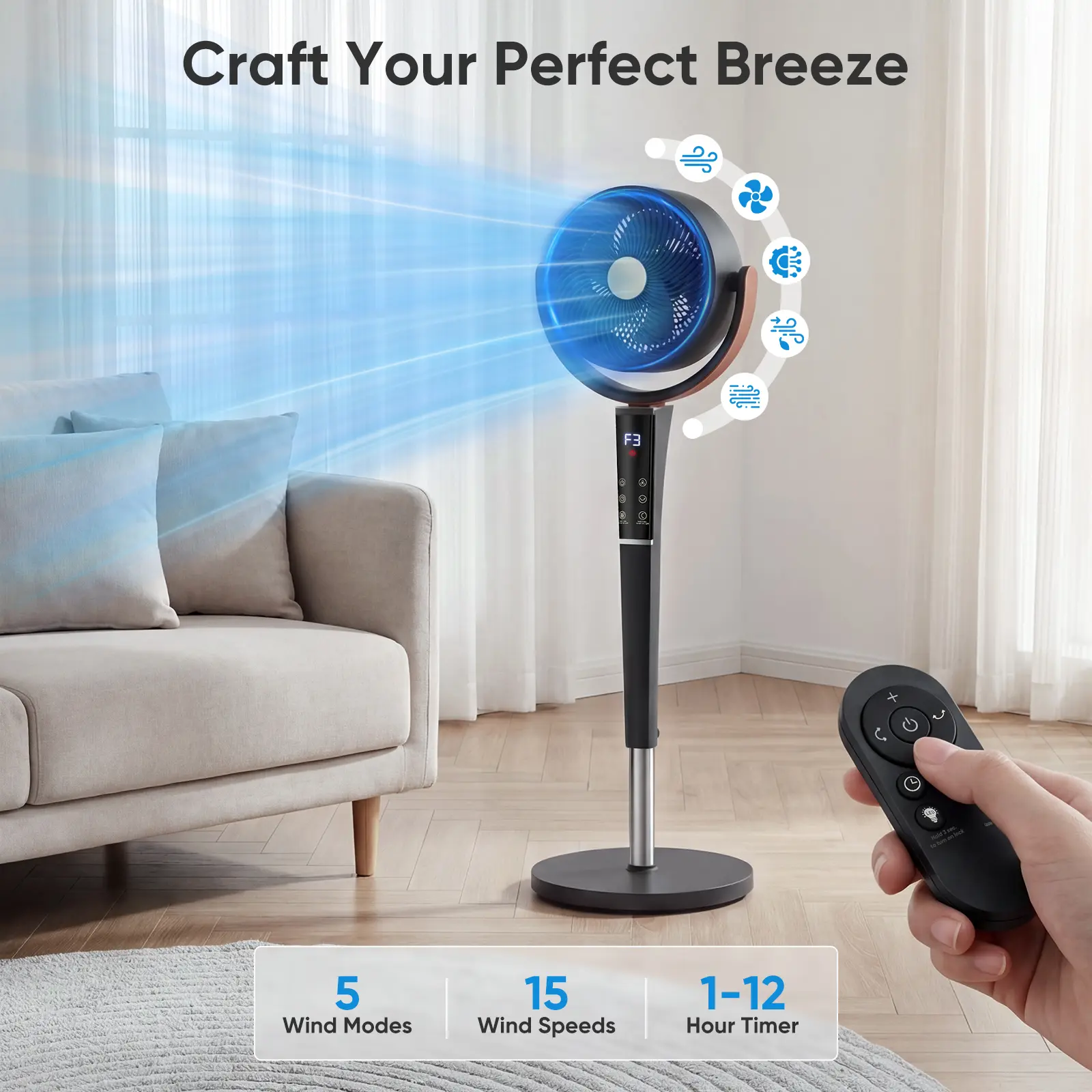 Quiet DC Pedestal Fan for Bedroom – 15 Speeds, 120° Oscillation & Remote Control