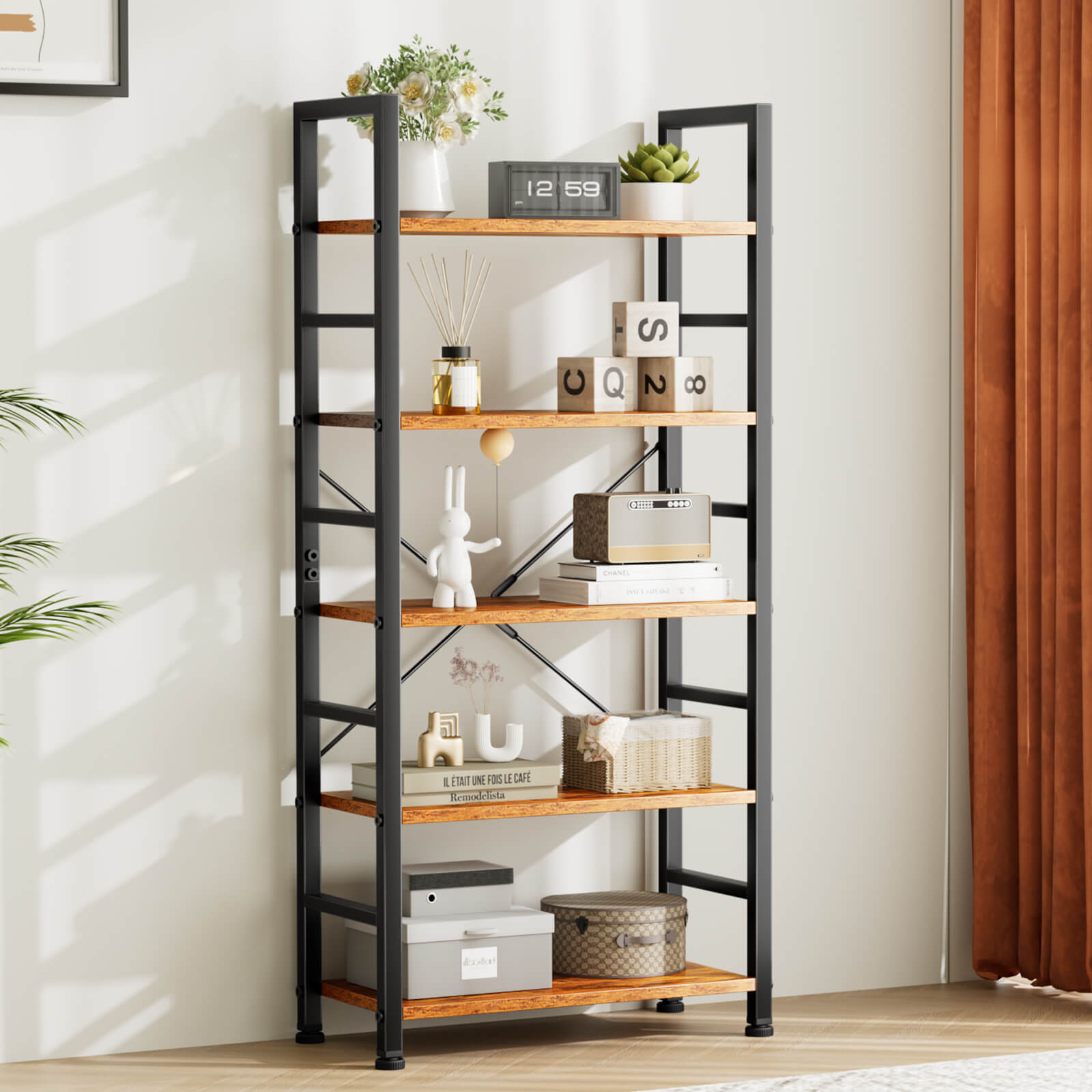 5-Tier Black Metal Bookcase