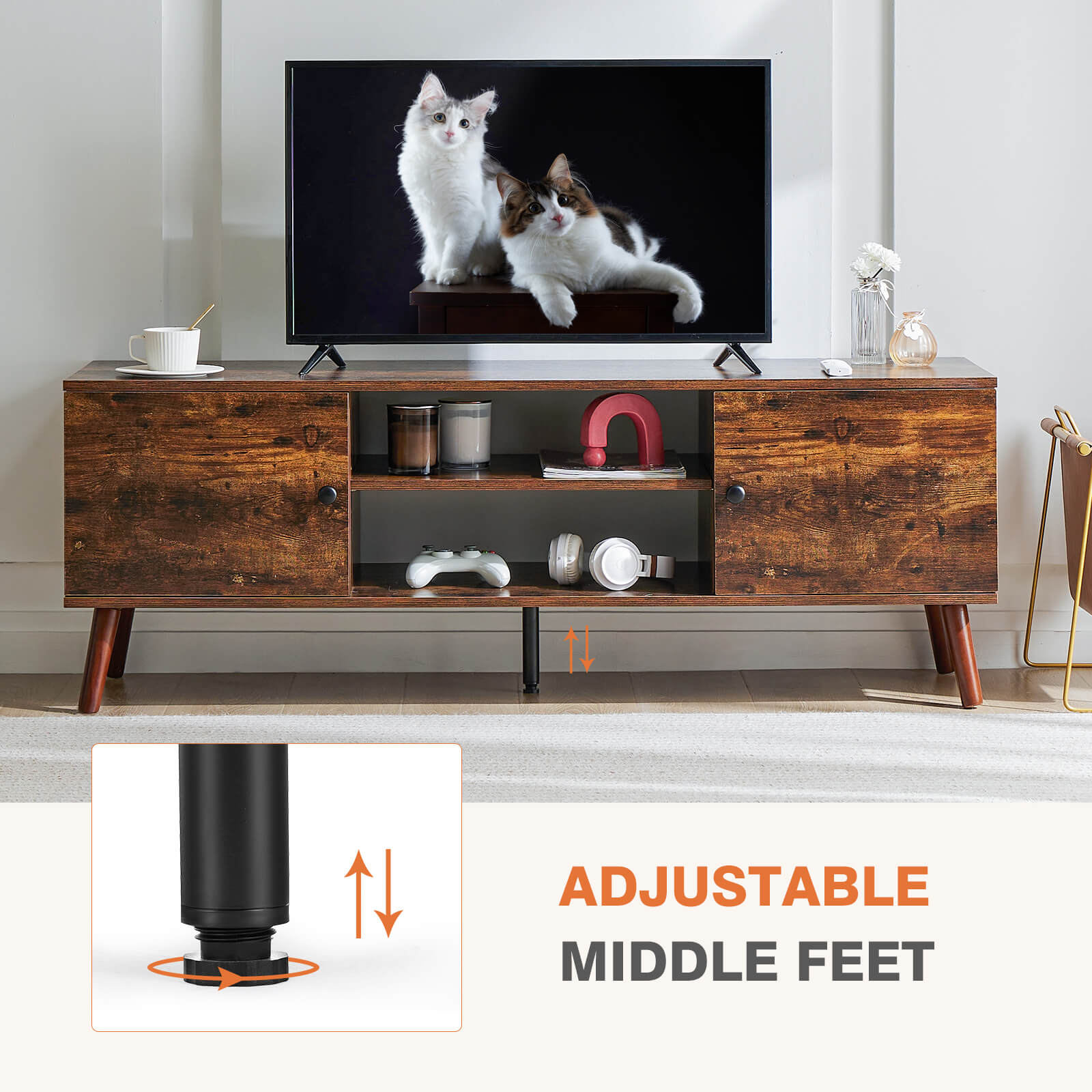 Walnut Wood 60" TV Stand Double Cabinet