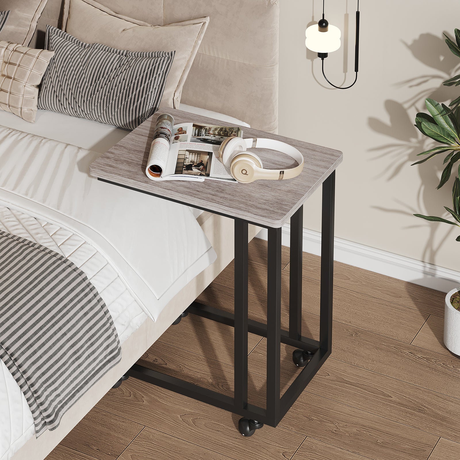 C-Shaped Steel Side Table with Casters