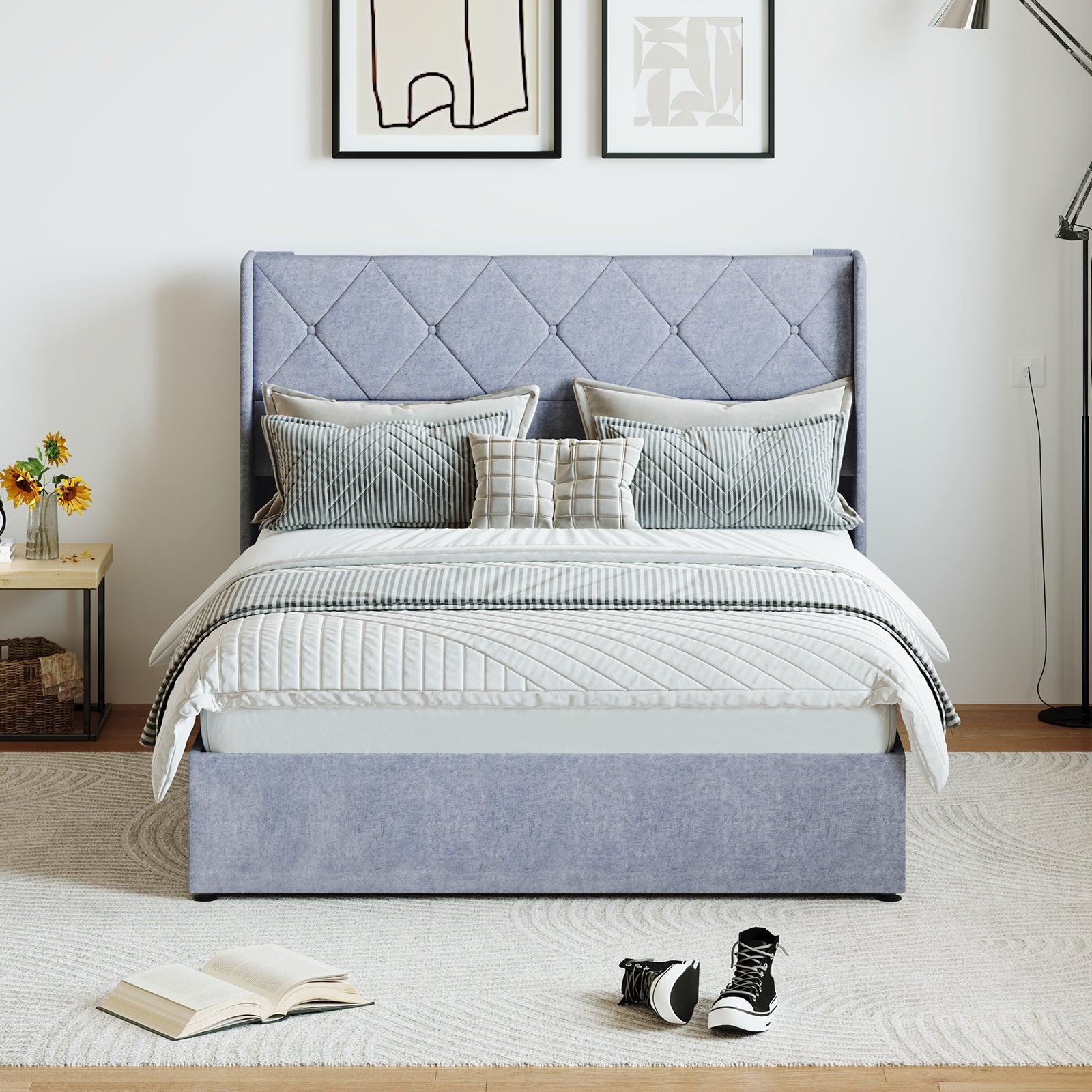 Velvet Gas-Lift Storage Bed Frame