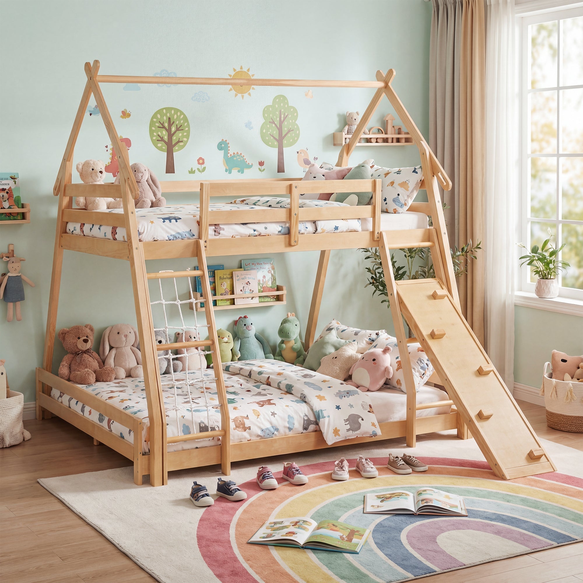 Twin Over Full Bunk Bed with Climbing Net & Slide