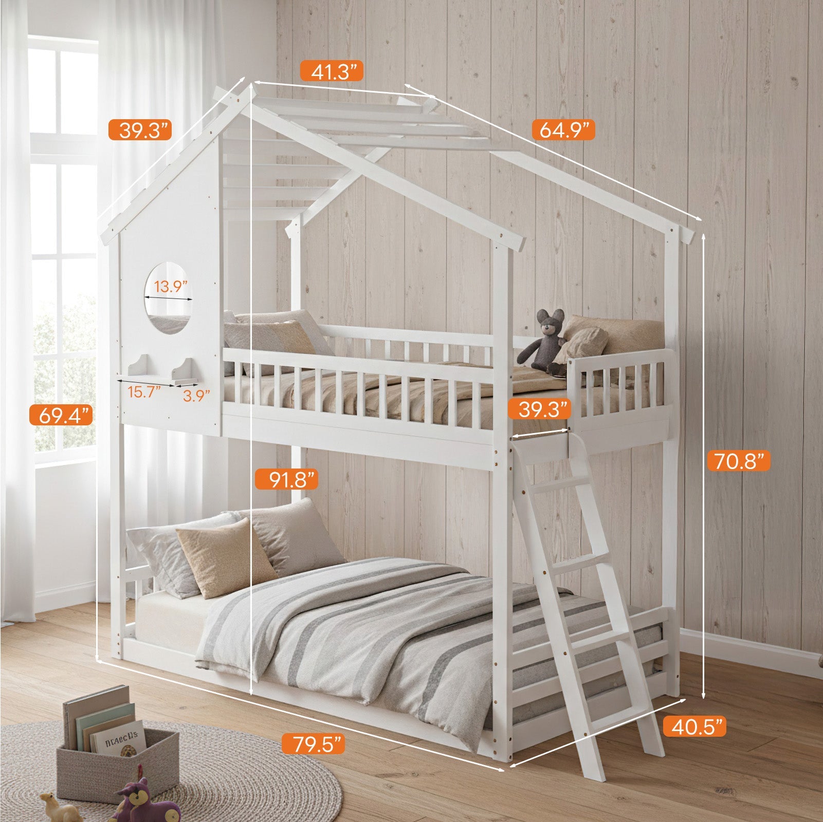 Low-Profile Twin House Bunk Bed with Side Ladder