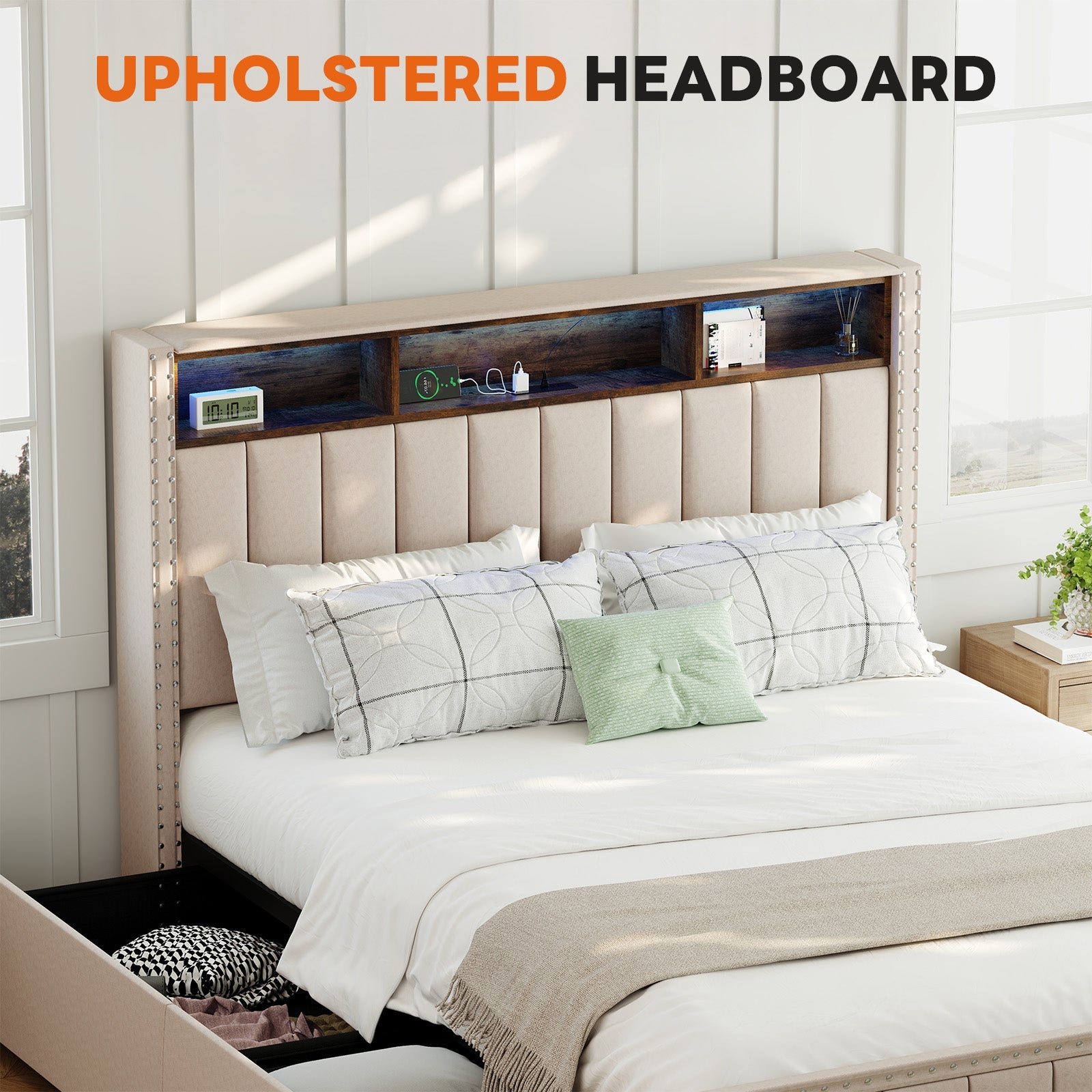 Upholstered Storage Bed Frame with Power Outlets