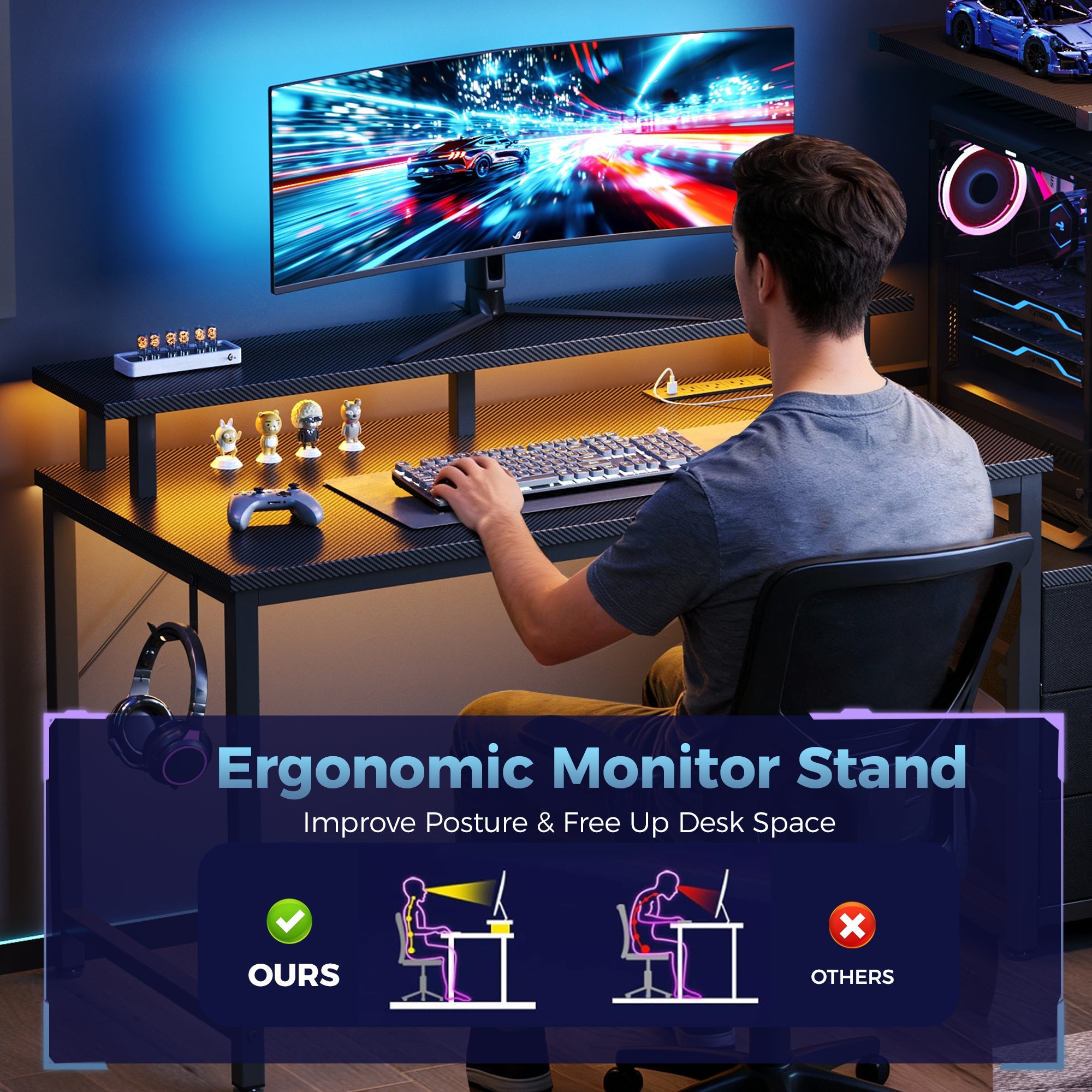 LED Computer Desk with Monitor Stand & Drawers