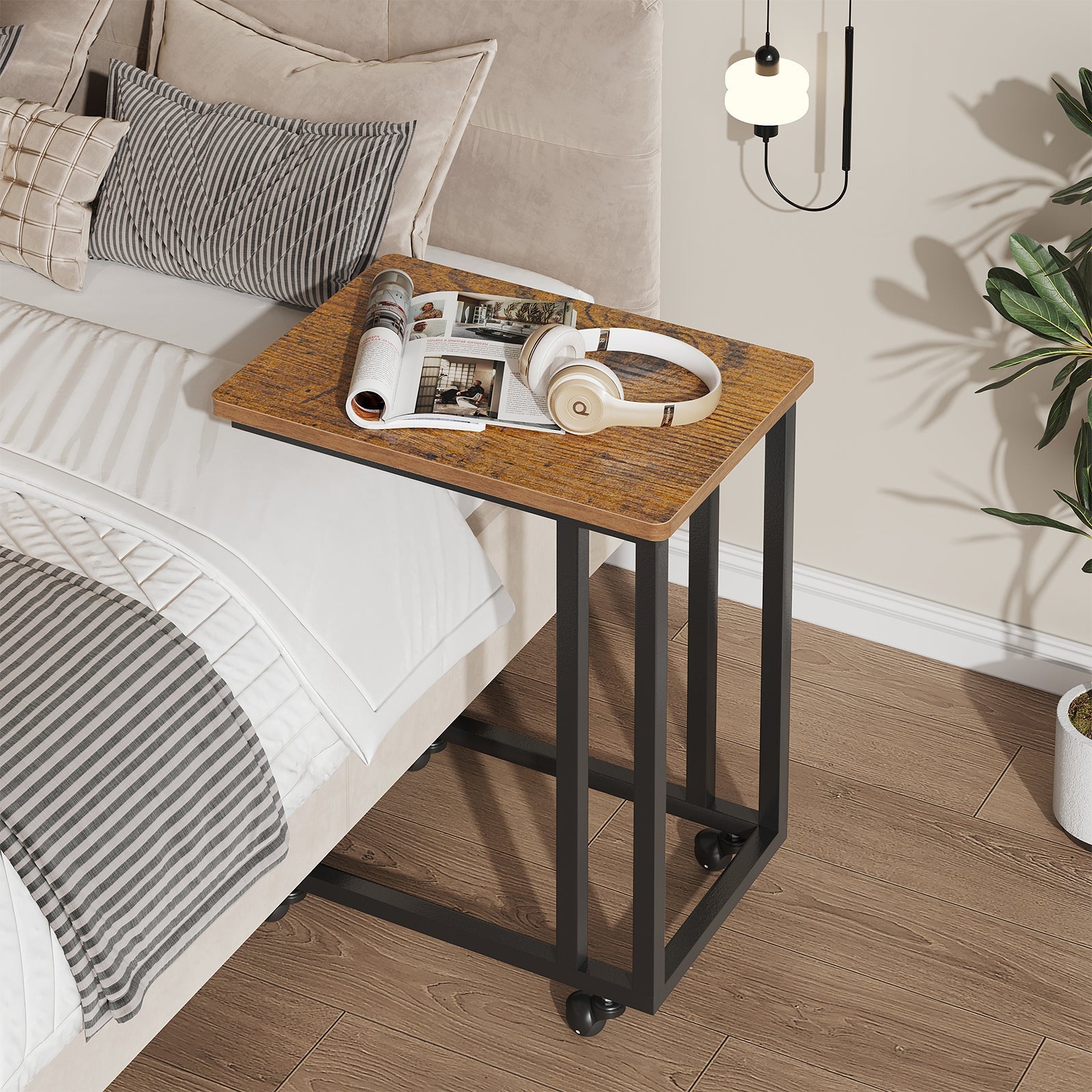 C-Shaped Steel Side Table with Casters