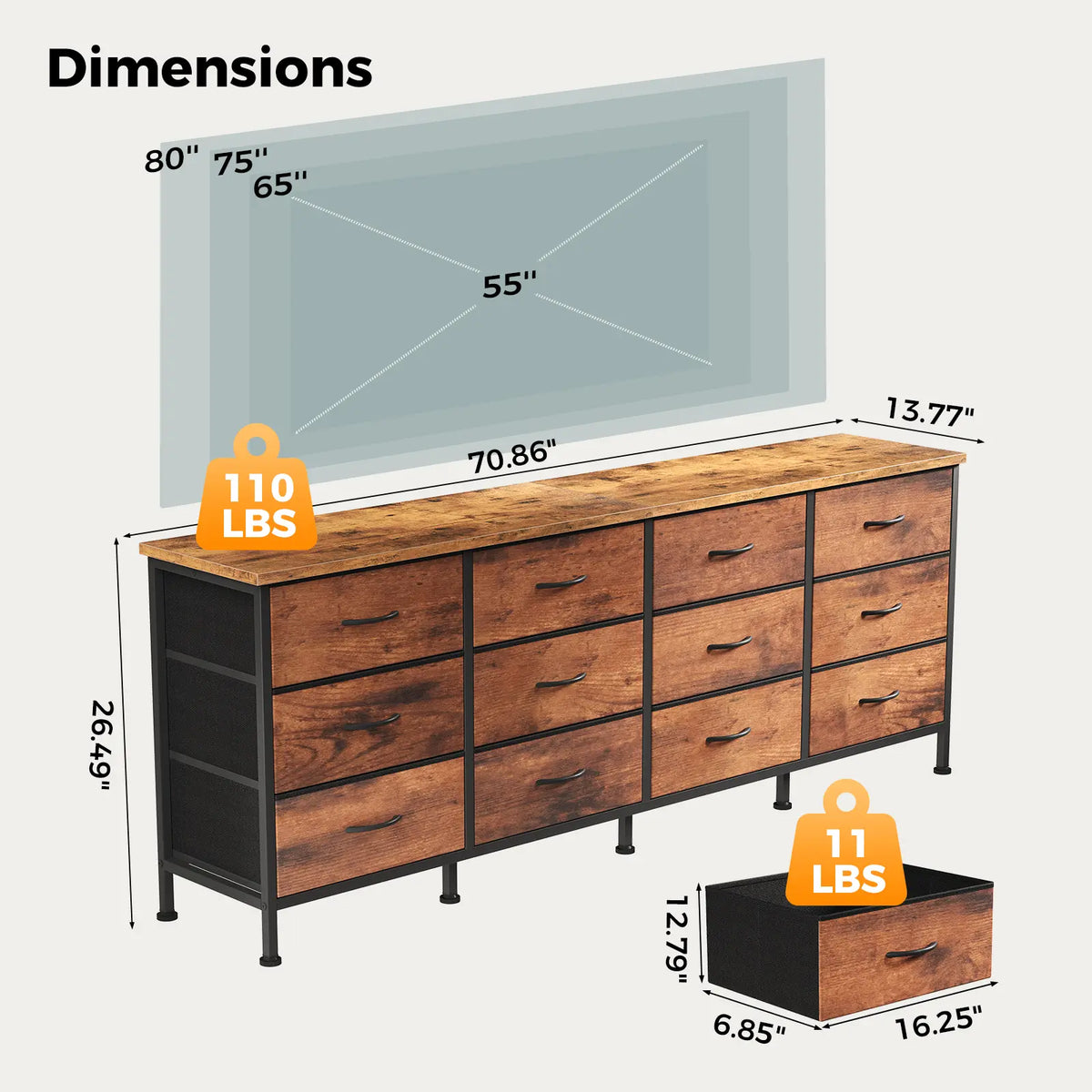 12-Drawer TV Stand & Storage Cabinet with Metal Frame and Adjustable Feet
