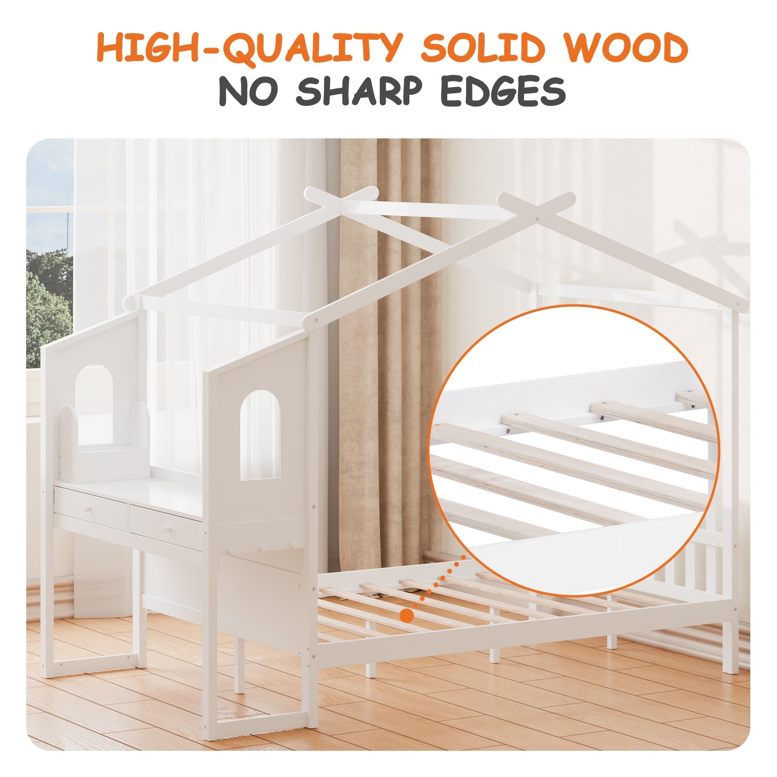 White Wooden House Bed Frame with Desk