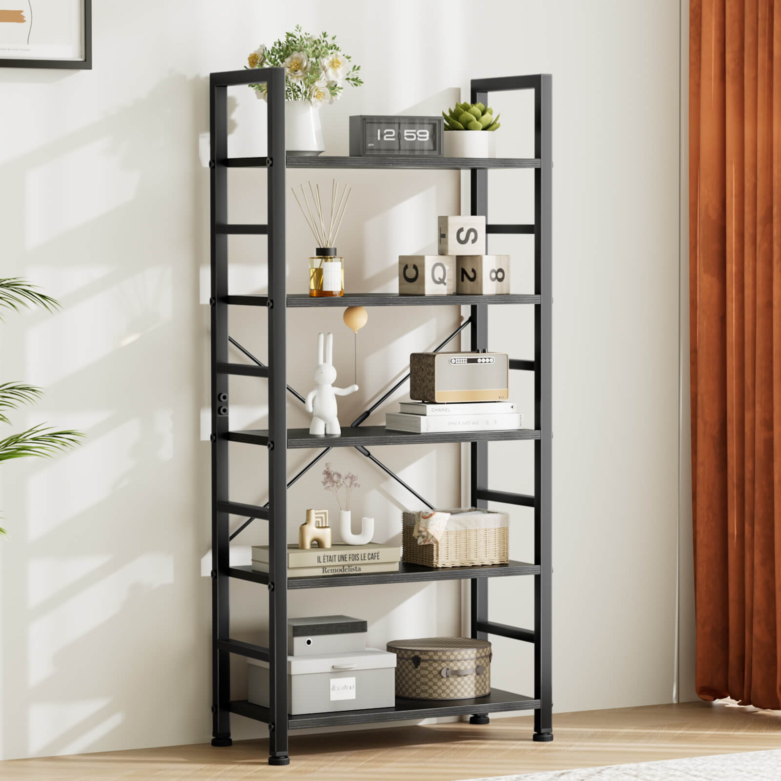 5-Tier Black Metal Bookcase