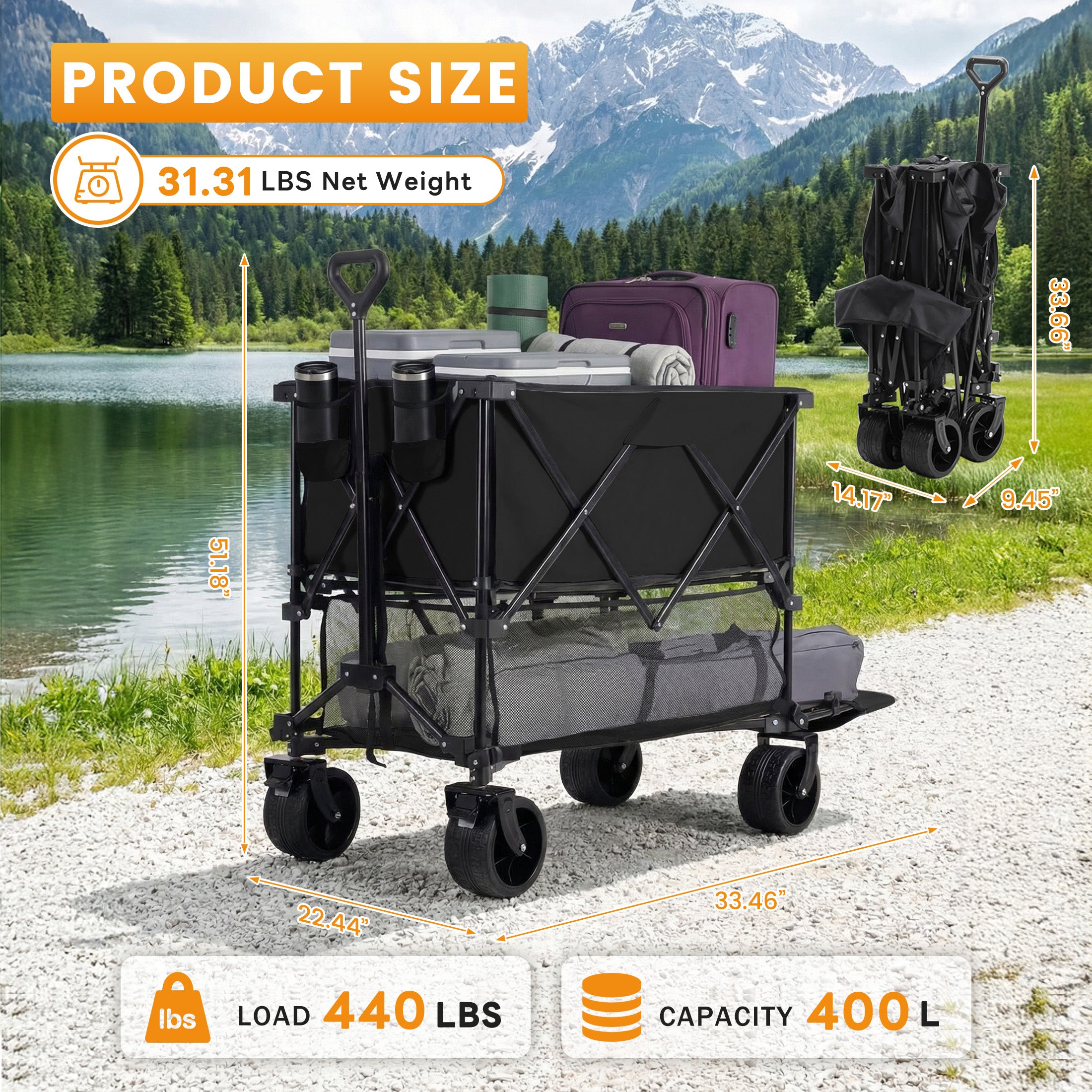 WareBay Double Decker Collapsible Wagon Cart – 440 lbs Capacity, 400L Storage & All-Terrain Wheels, Black