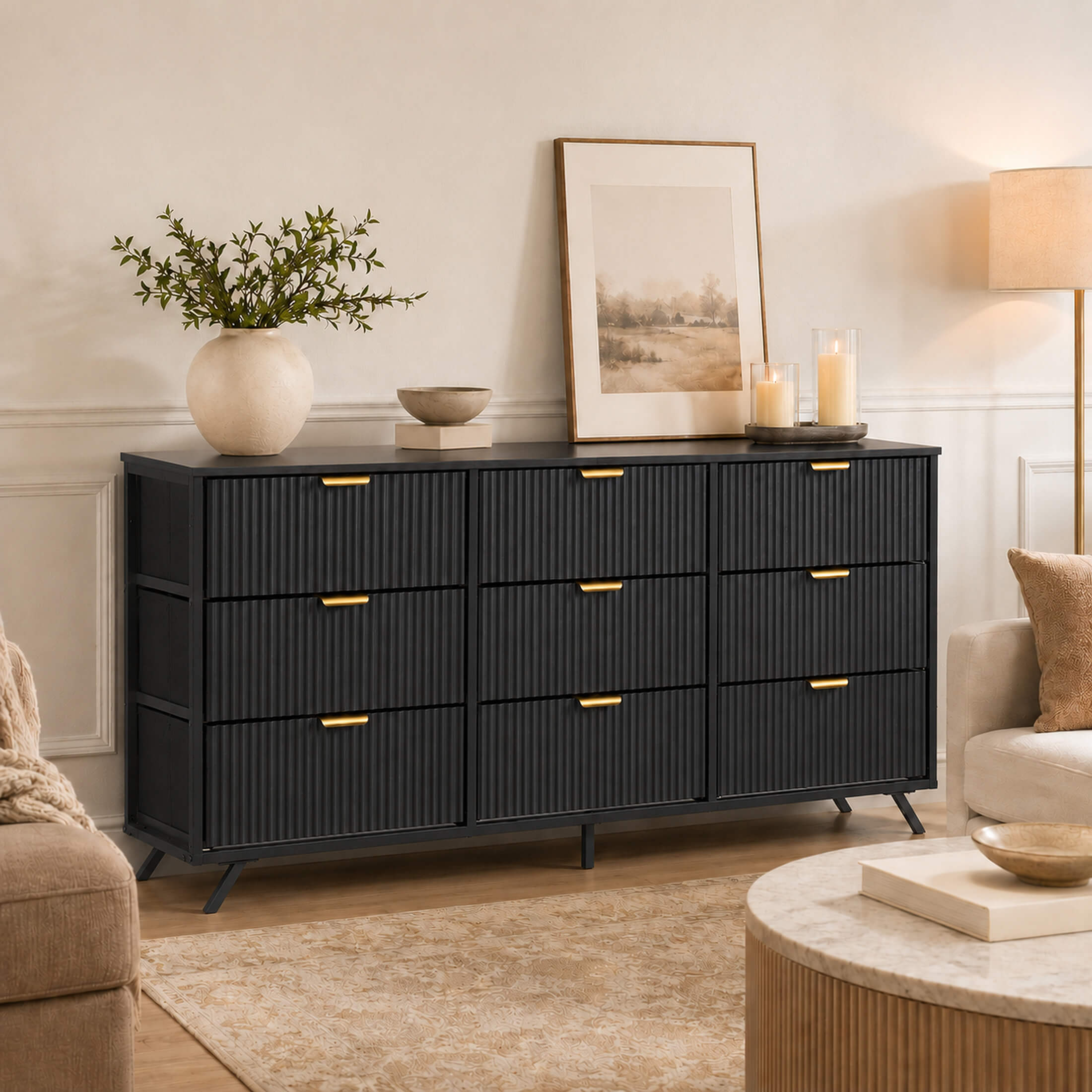 Warebay 9-Drawer Fluted Dresser for Bedroom, Wide Storage Chest of Drawers