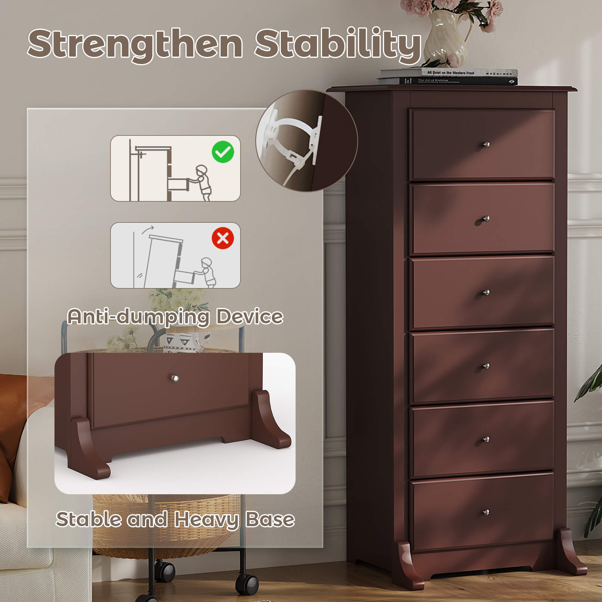 Tall 6-Drawer Wood-Grain Dresser