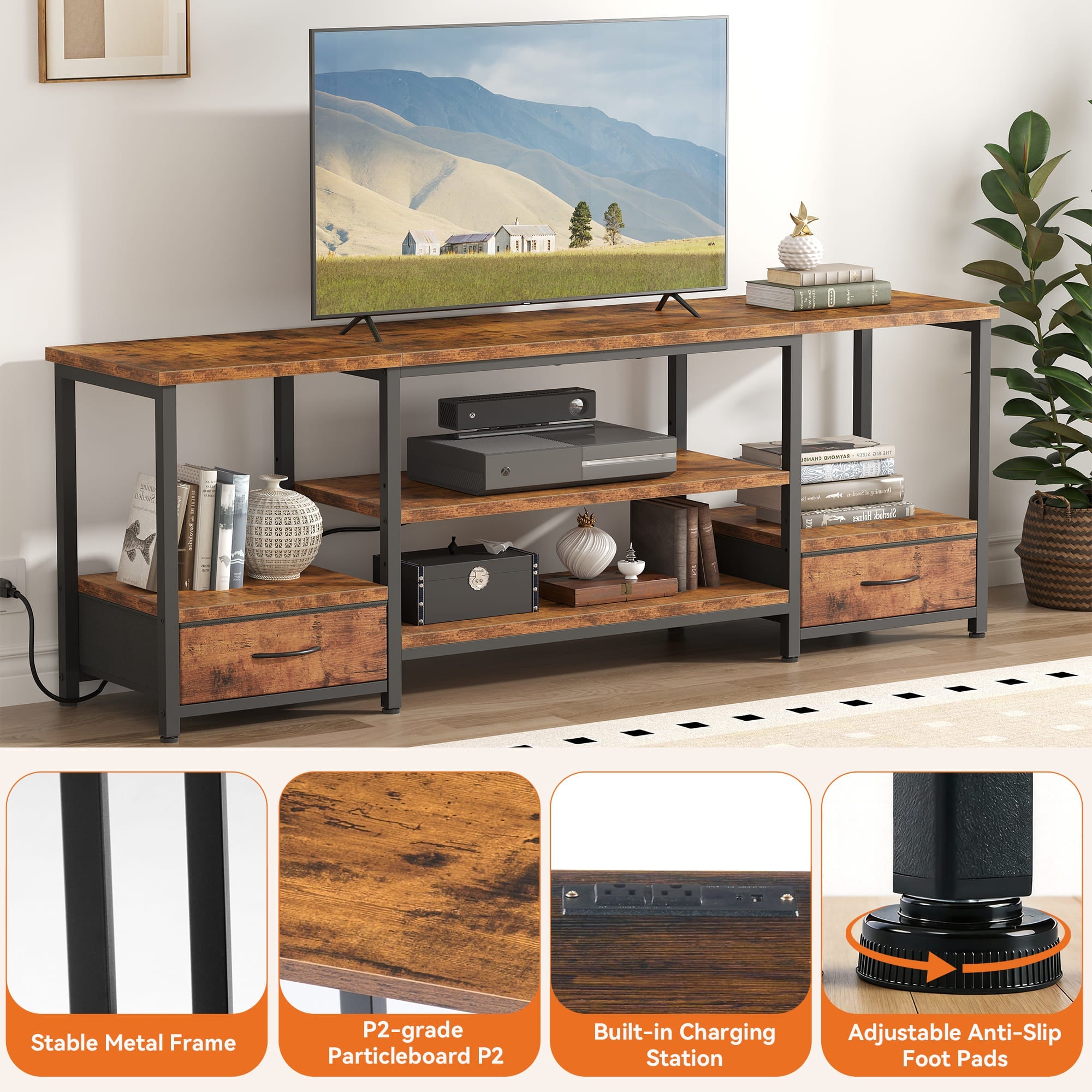 Brown Wood TV Stand with Fabric Drawers