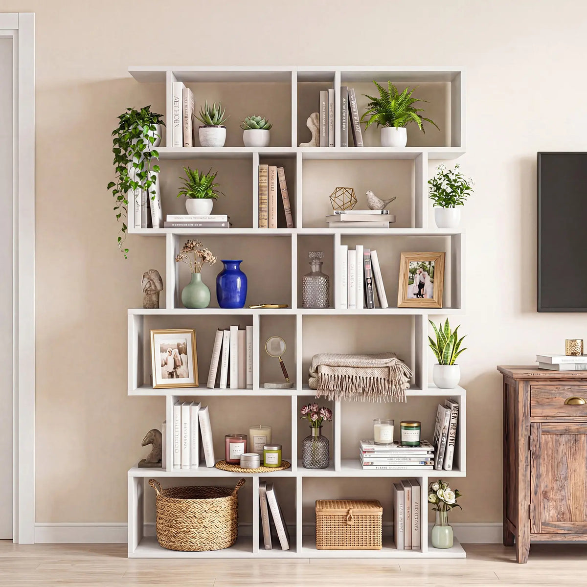 5-Tier S-Shaped Bookshelf | Modern Geometric Freestanding Bookcase & Room Divider