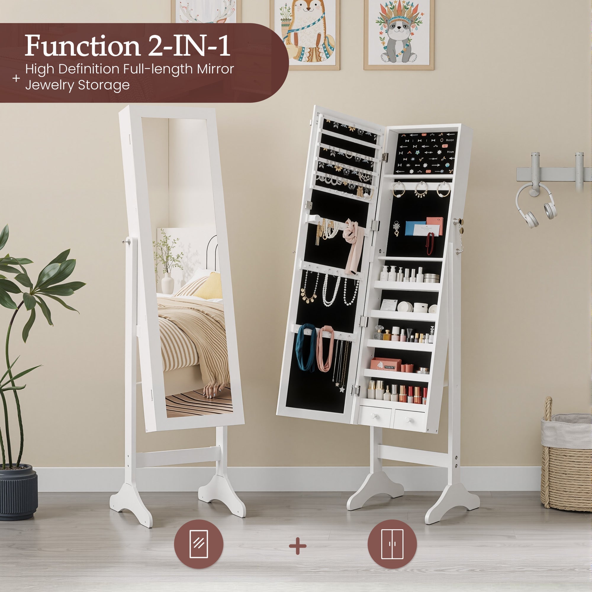Freestanding Full Length Mirror Jewelry Cabinet