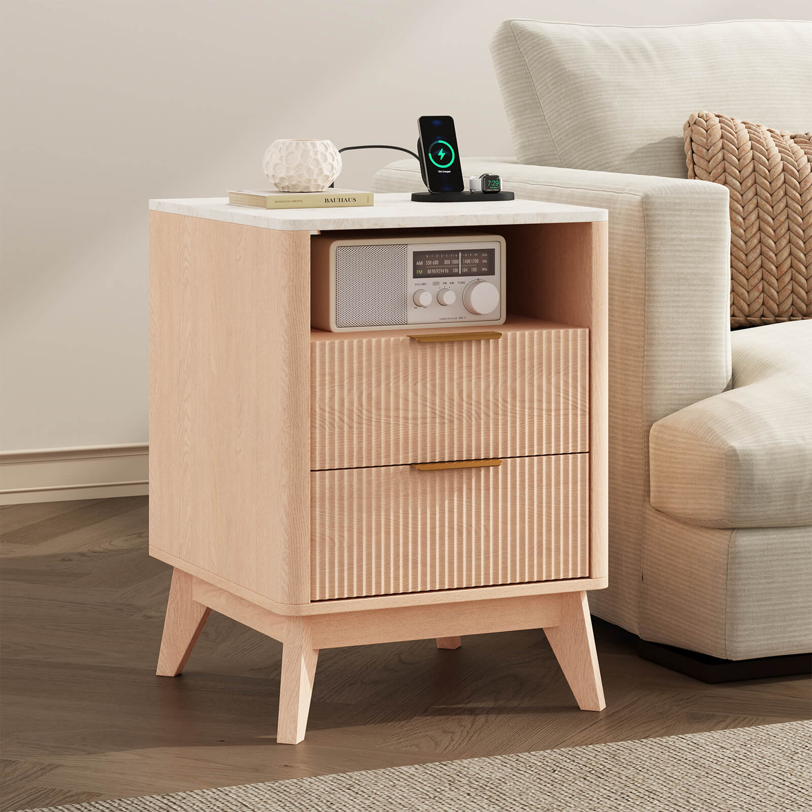 Fluted Nightstand with Charging Station, 2 AC Outlets & USB Ports, Mid-Century Bedside Table with 2 Drawers