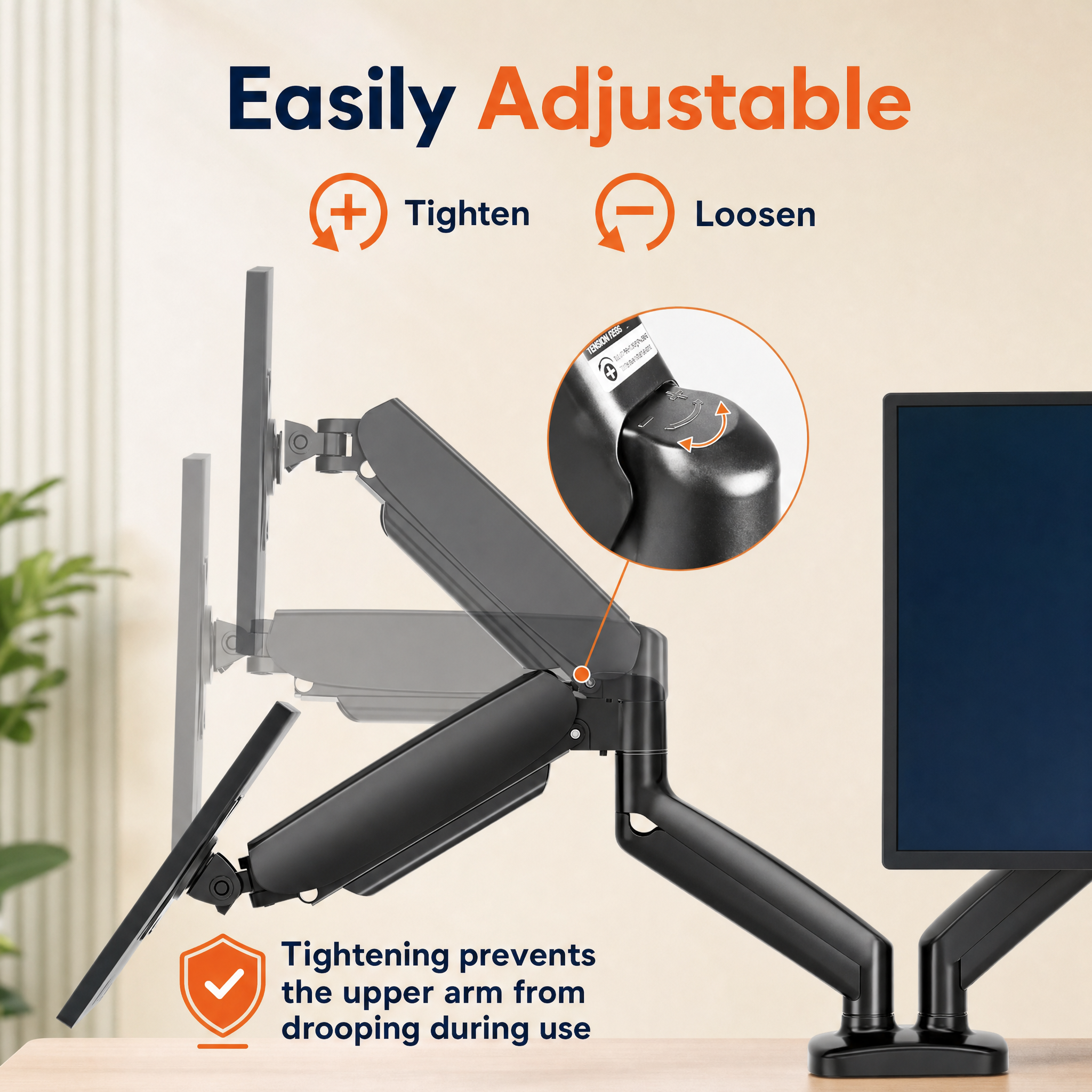 Adjustable Gas Spring Single Monitor Arm for 15–32 Inch Screens, Clamp & Grommet Mount