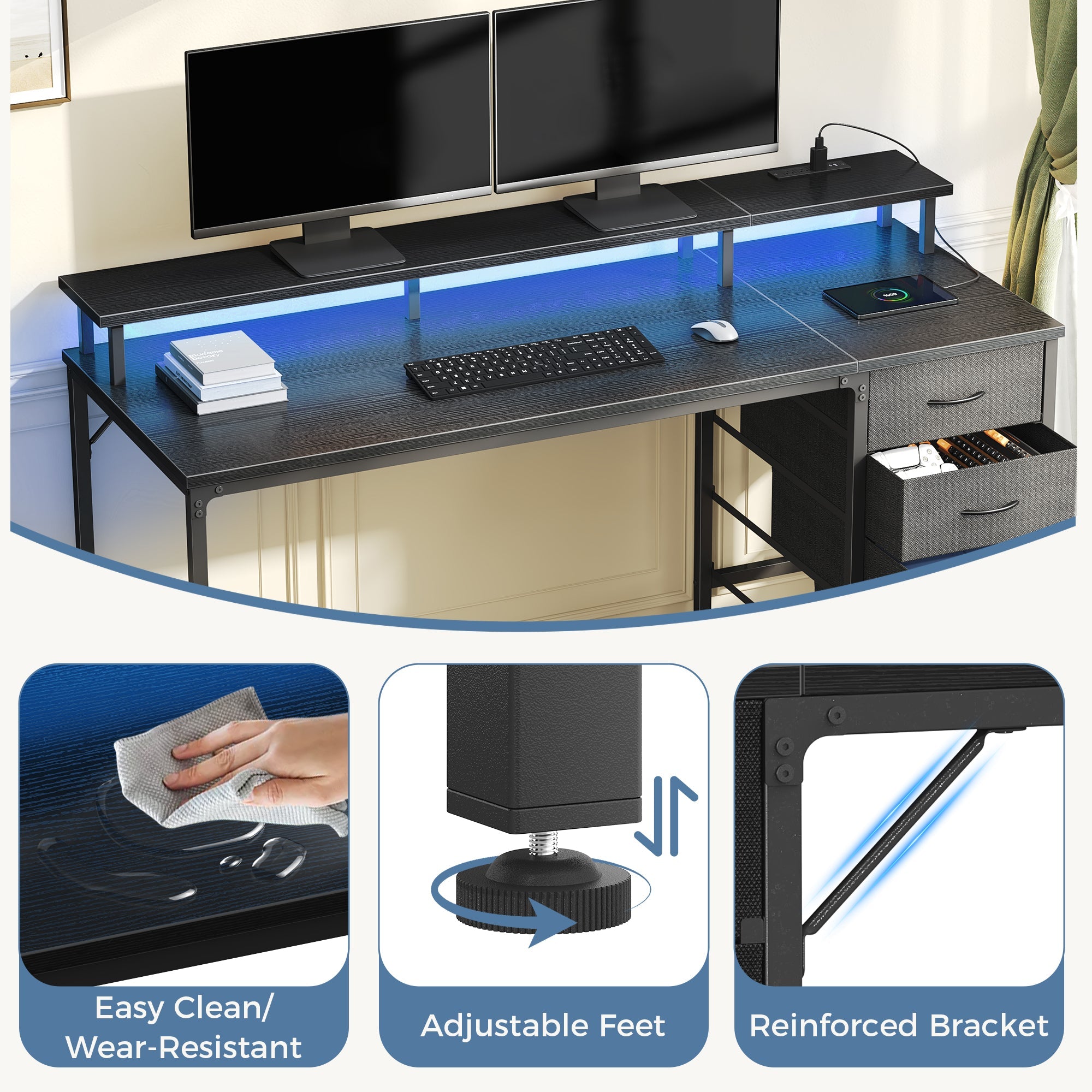 LED Computer Desk with Drawers and Charging