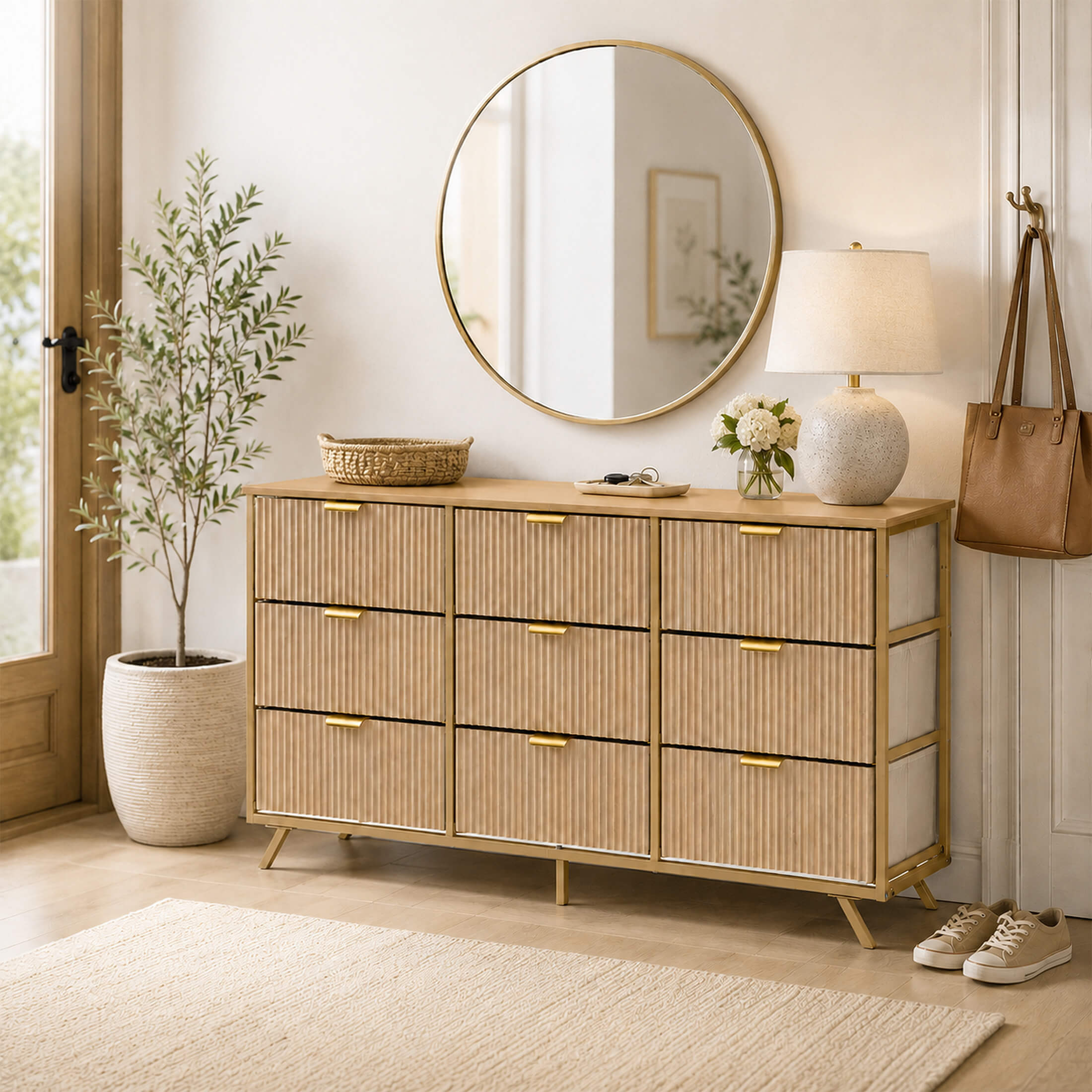 Warebay 9-Drawer Fluted Dresser for Bedroom, Wide Storage Chest of Drawers