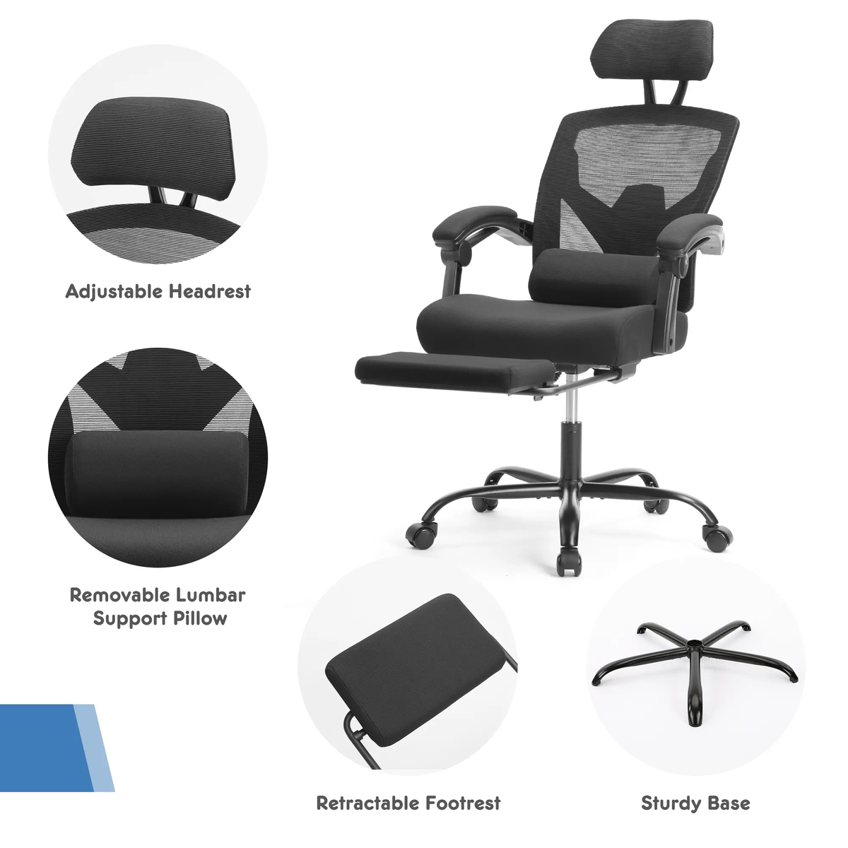 Ergonomic Mesh Office Chair with Retractable Footrest 