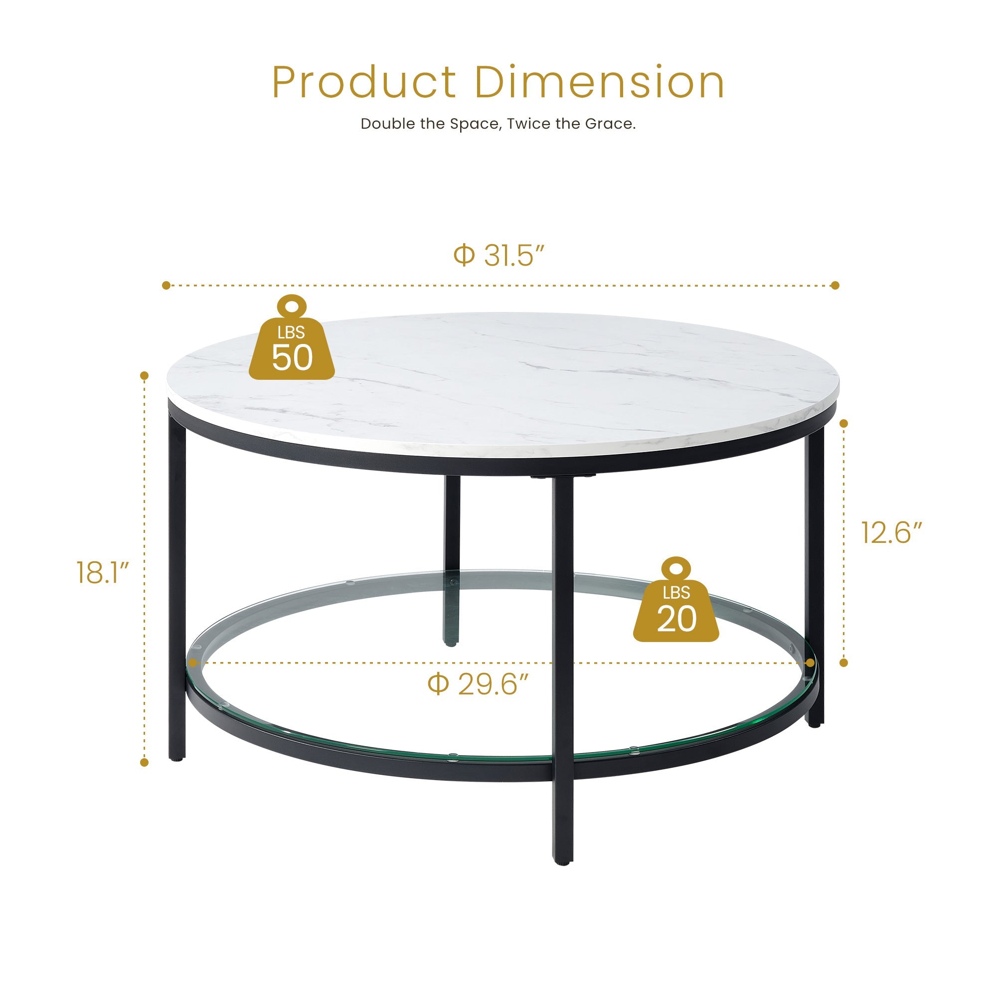 Round Faux Marble Top Glass Shelf Coffee Table