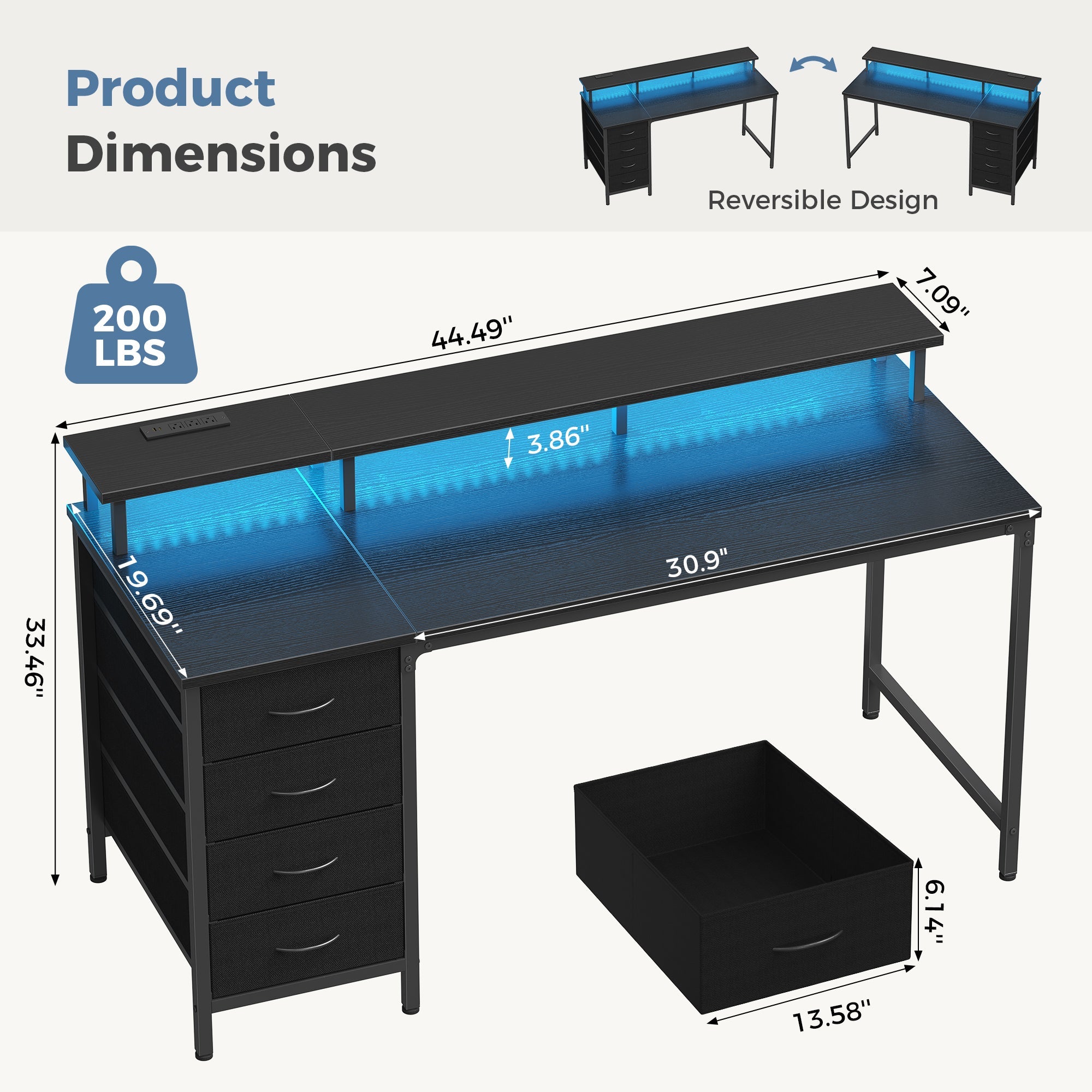 LED Computer Desk with Drawers and Charging